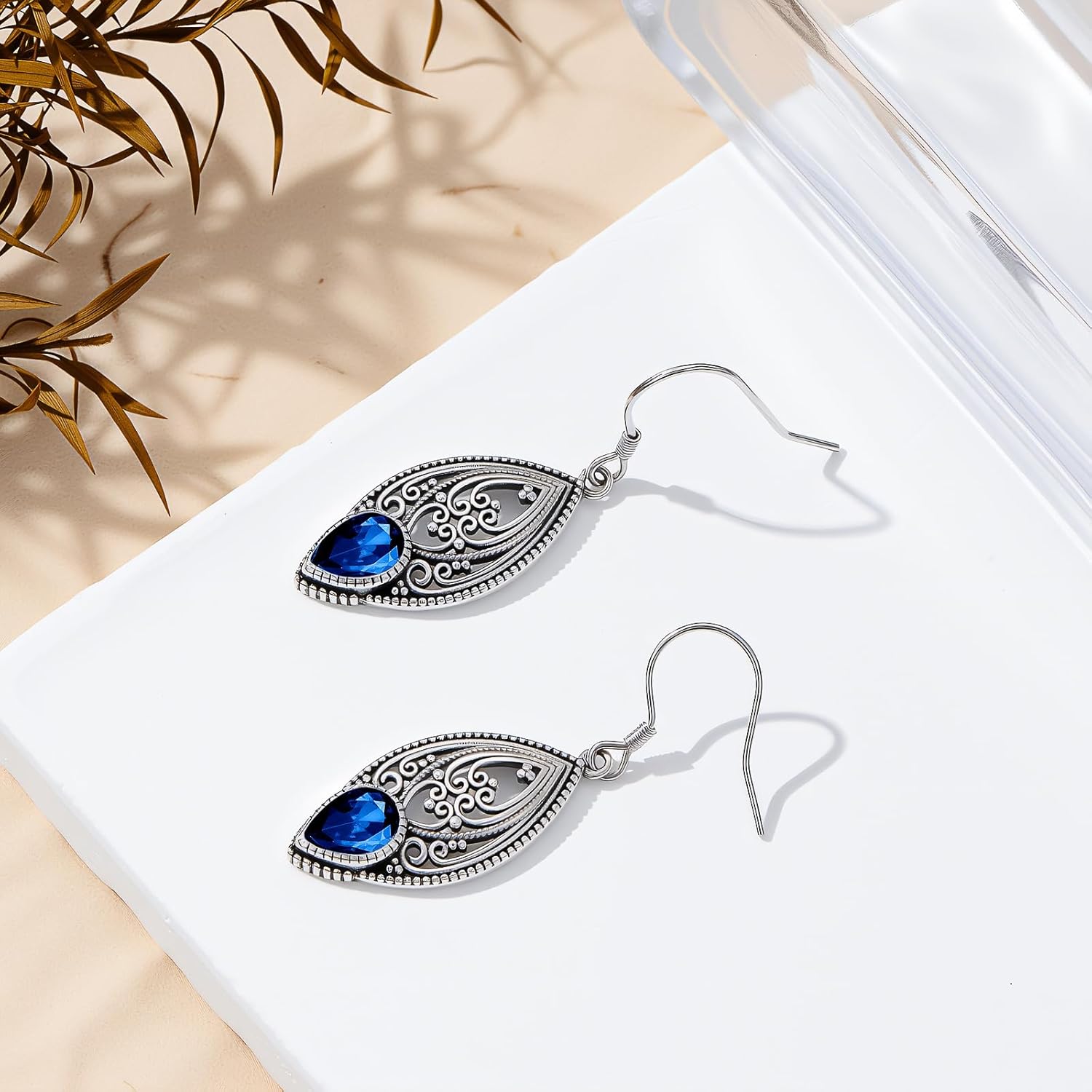 925 Sterling Silver Vintage Oxidized Filigree Dangle Drop Earrings with 7mm Teardrop 12 Months Birthstone Jewelry Gifts for Women