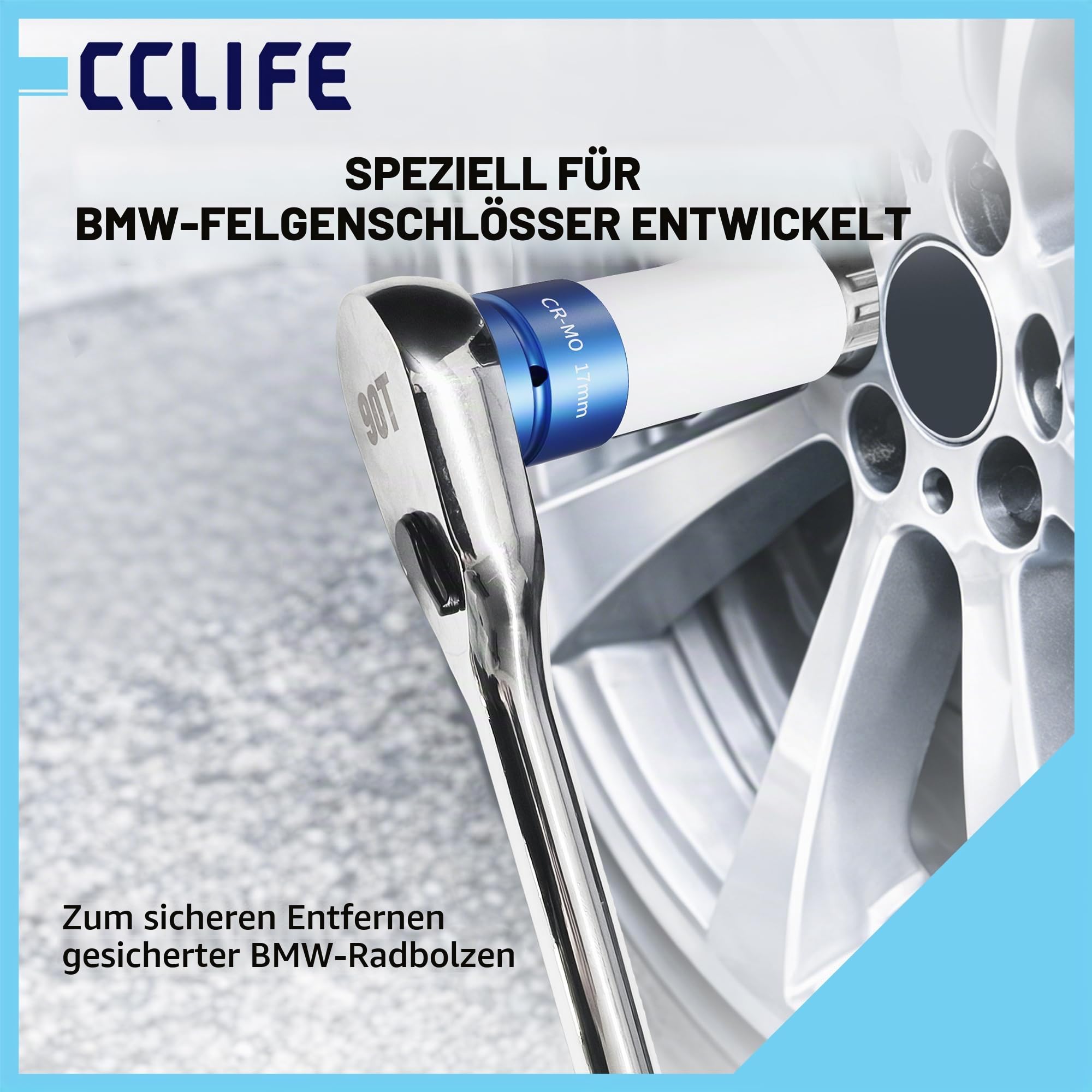 CCLIFE Felgenschloss Lösewerkzeug 21-tlg. kompatibel mit BMW | 1/2" Antrieb | 17 mm | Stecknüsse & Einsätze | Radschlösser lösen