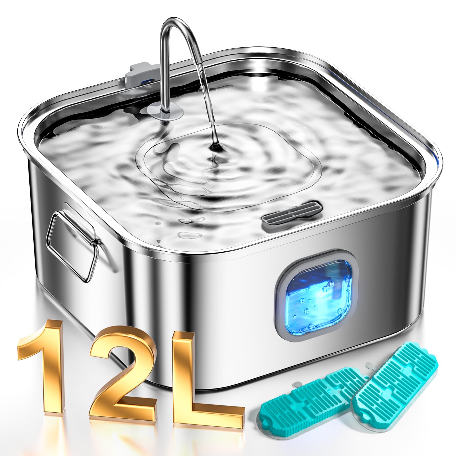 Dog Water Fountain Stainless Steel, 410oz/3.2Gal/12L Large Pet Water Fountain for Large Dog, Dog Water Bowl Dispenser with Water Level Window &amp; LED Indicator, Super Quiet, with 2pcs Filters