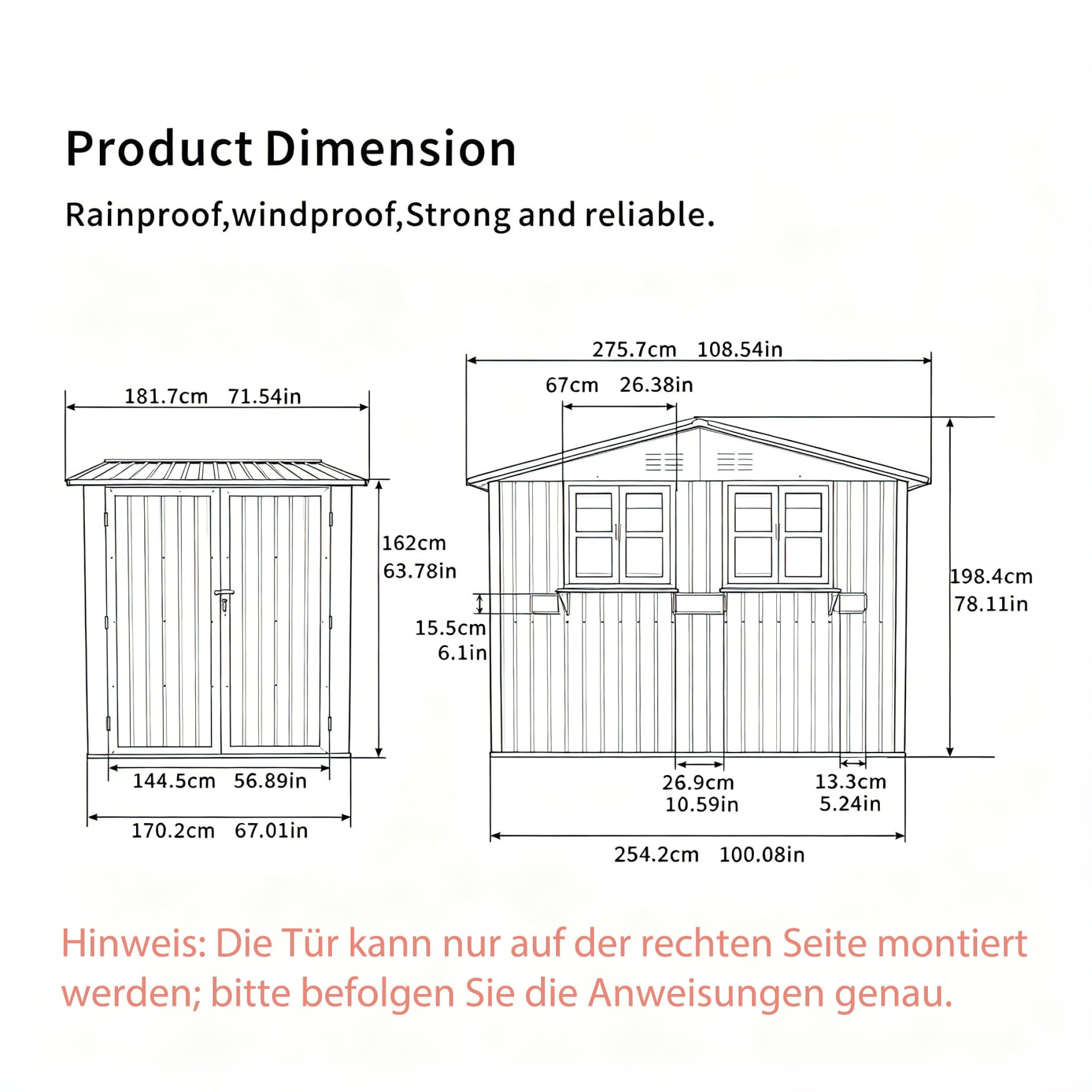 Gartenhaus Metall 275,7x181,7cm Geräteschuppen mit 2 Fenstern und Blumenregal Doppeltüren Wasserdicht für Garten Terrasse