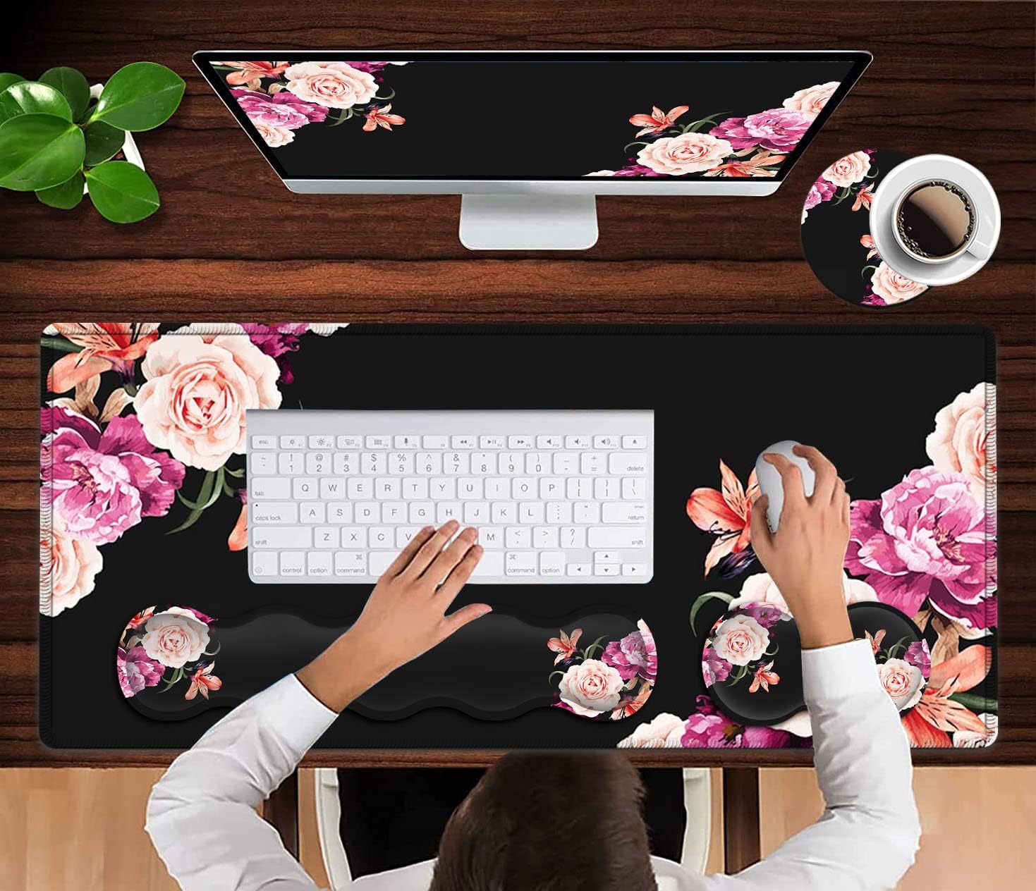 Black Mouse Pad,Keyboard Mouse Pad Set,Extended Gaming Mouse Pad + Memory Foam Keyboard Wrist Rest Support,Peony Flower Office Desk Mat Writing Pad Easy Typing Pain Relief,XXL Large Mousepad Desk Mat