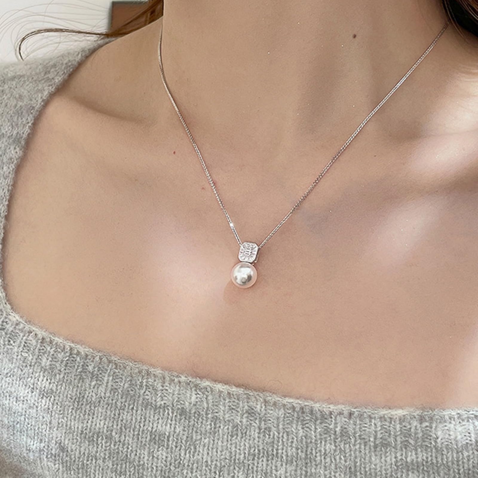 Collana 375/585/750 Oro Bianco, Ciondolo per Collana Semplice Donna con Perla Acqua Dolce e Diamante Sintetico, Catena Regolabile 40+5 cm