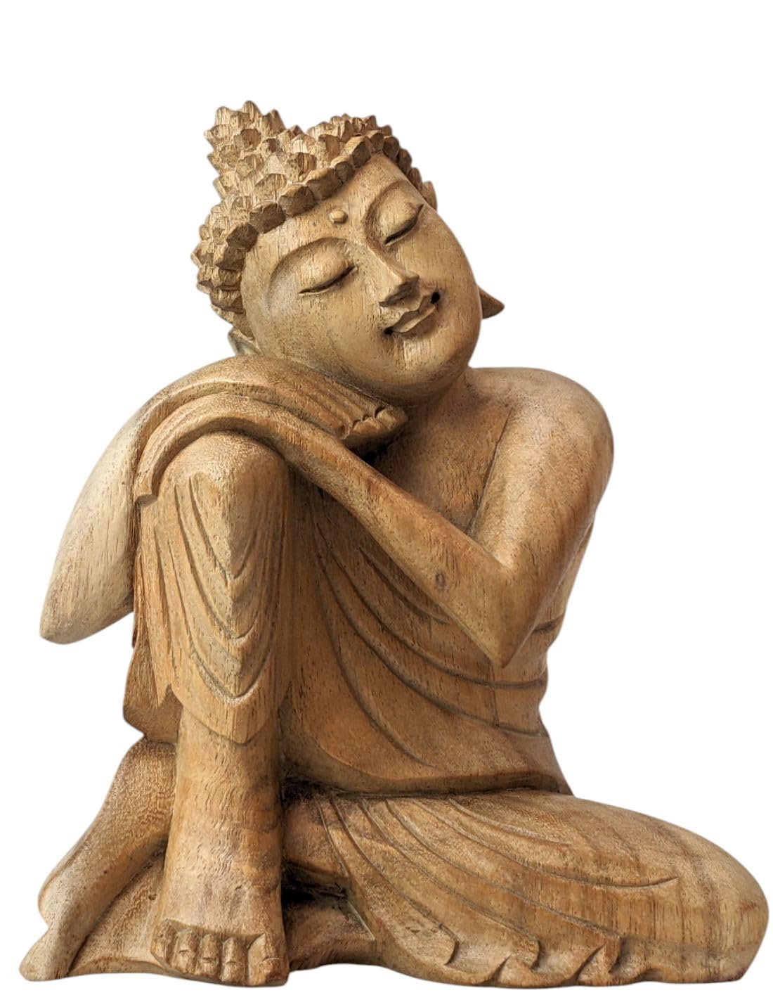 Artisanal Statuetta Buddha pensatore 20 cm Scultura in legno naturale