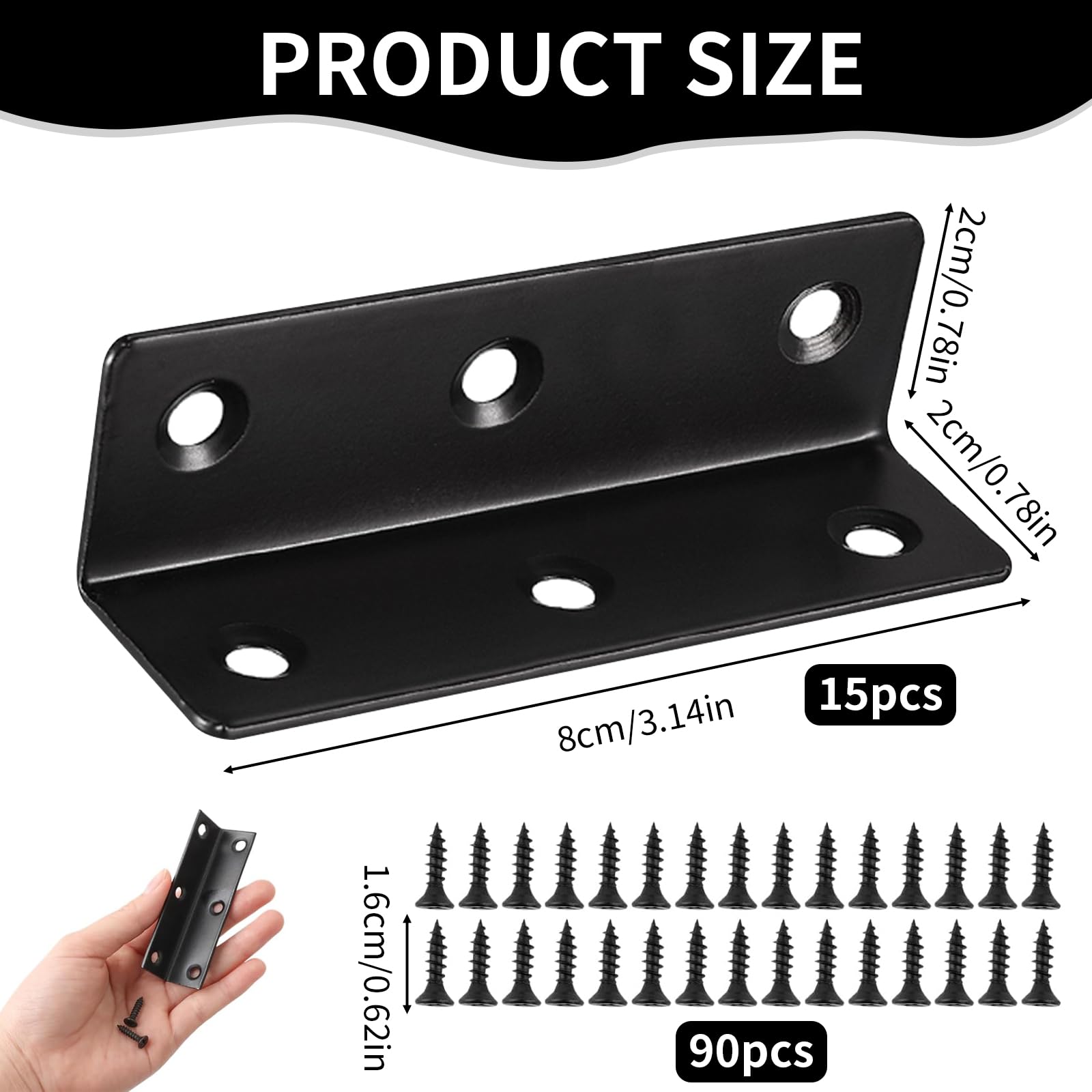 15PcsStainless Steel L-Shaped Corner Brackets, Black 90 Degree 80x20X20mm Black Metal LShaped Brackets Corner Bracket for Fixing Repairing - Image 2
