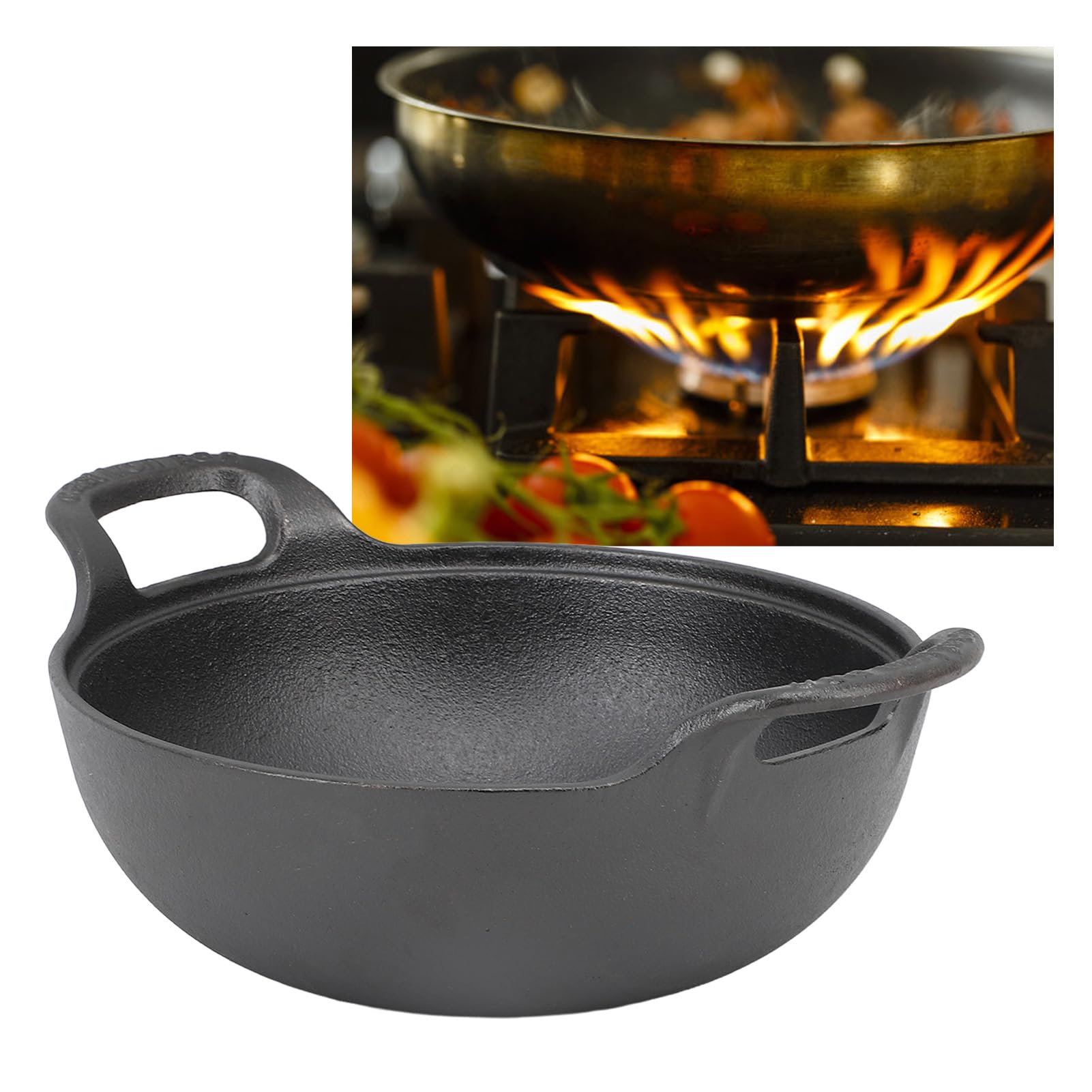 Tissting Wok de hierro fundido con tapa de madera, sartén de base plana sin recubrimiento con 2 manijas para vapor de parrilla salteada, adecuada para todas (25 cm)
