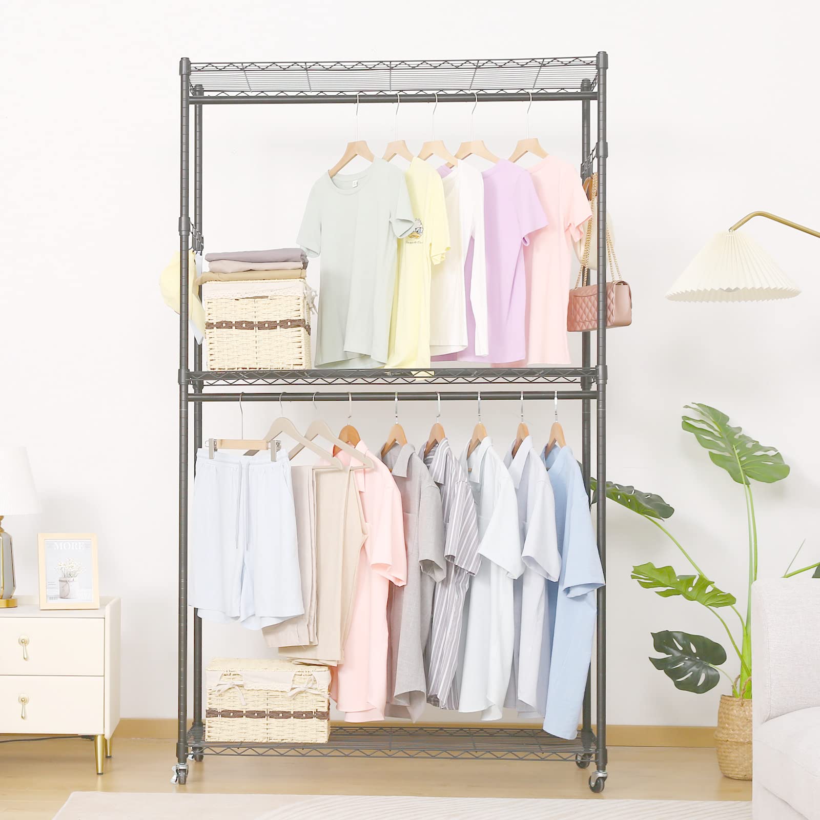 Homdox 3 Shelves Wire Shelving Clothing Rolling Rack Heavy Duty Commercial Grade Garment Rack with Wheels and Side Hooks (One Pair Hook and Two Hanging Rods Gray)