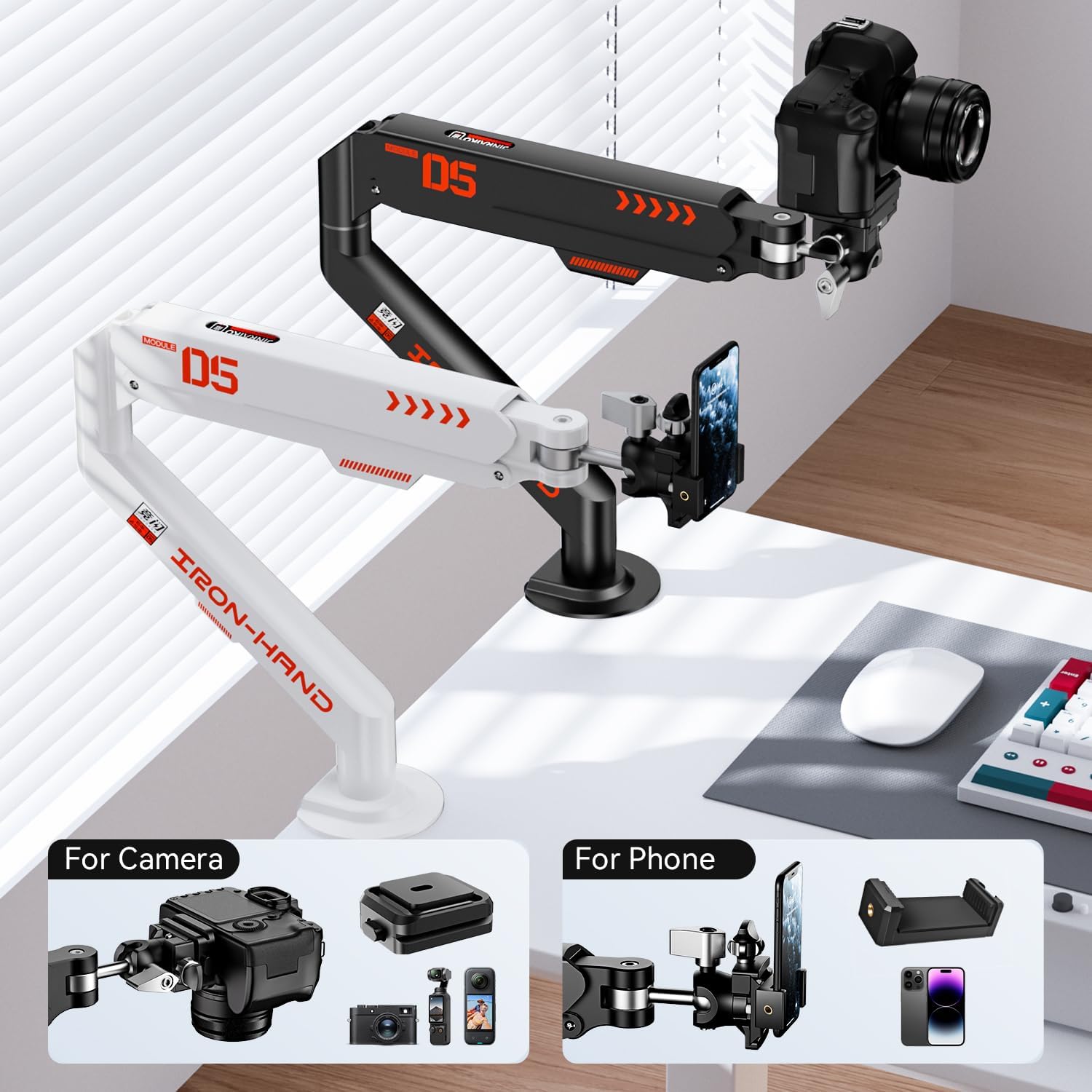 JINRAIKO Overhead Camera Mount with 360° Adjustable Arm & Phone Holder for TikTok Live Streaming Photography Studio Content Creation, Desk Mount for for DSLR Camera/Webcam/Microphone, White