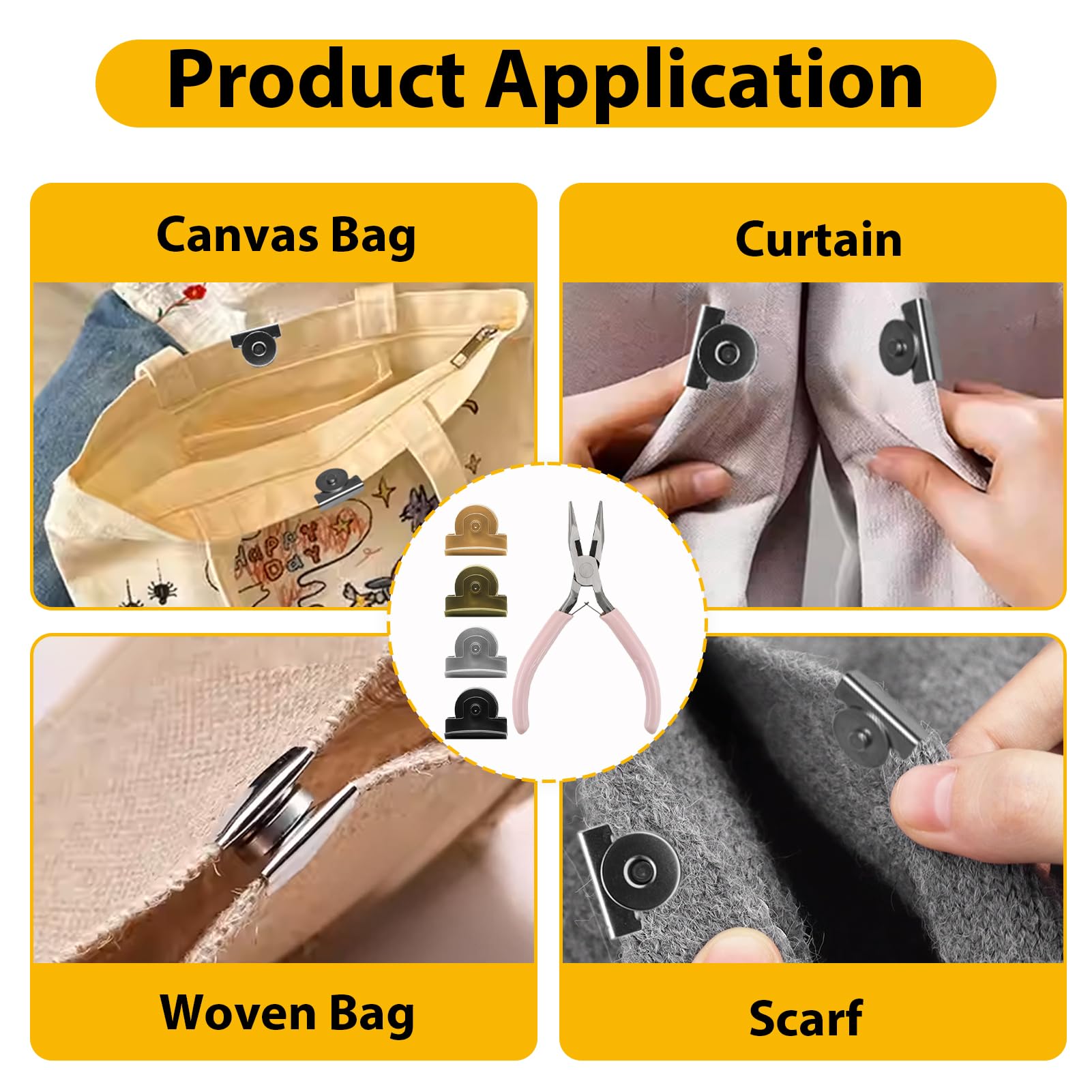 RJLCTH 24 pares de broches magnéticos para bolsos y bolsas, 4 colores con pinzas | Acabados dorados y plateados, bronce y cobre, cierres magnéticos sin costuras, ropa, ganchillo y proyectos de manualidades