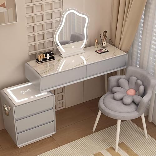 Miniatura 22 de Tocador con espejo con luces, mesa de tocador con cajones, mesa de maquillaje blanca, 3 modos de iluminación de brillo ajustable, para dormitorio,