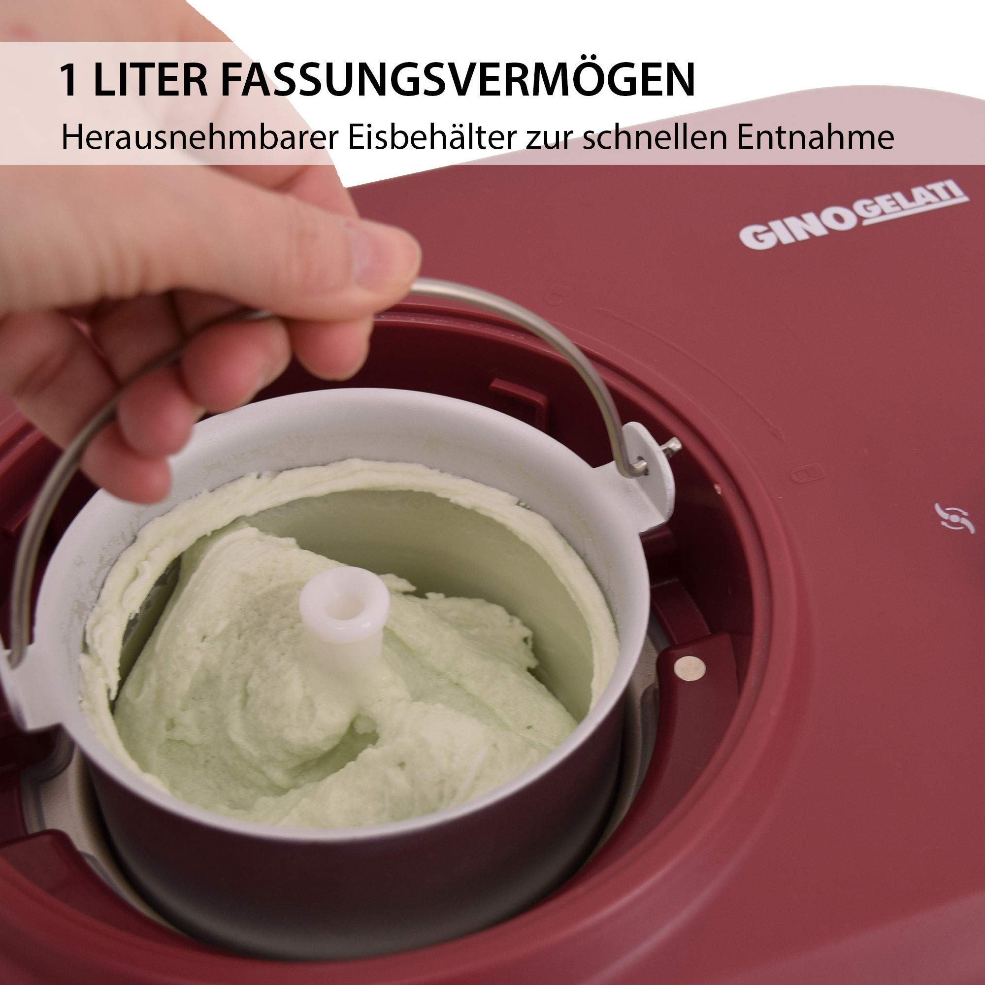 Gino Gelati Eismaschine mit Kompressor Polari Eiscreme Maschine Eisbereiter, 1 Liter, leichte Reinigung, Weiß/Rotes Design, 100 Watt Leistung, 8 Kg Gewicht