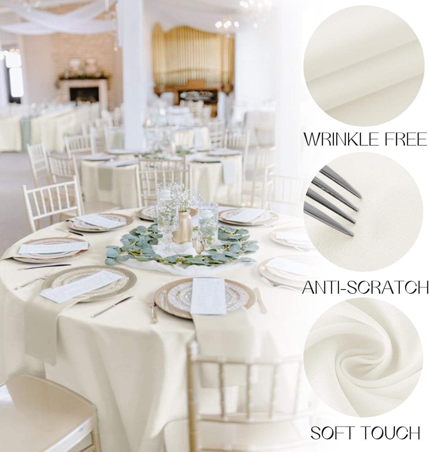 Romanstile Round Tablecloth, 6 Pack 70 Inch, Stain and Wrinkle Resistant Washable Polyester Table Cover for Dining Table and Holiday Parties, Ivory