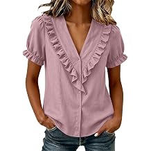 Linen Blouses for Women Ruffle V Neck Button Front Cotton Blend Tops Short Sleeve Summer Shirts Resort Wear