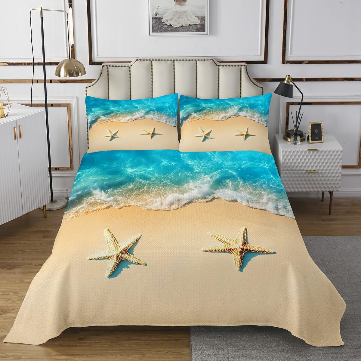Erosebridal Ocean Beach Bedspread Sets Tropical Hawaii King Quilt Set for Kids Boys Girls,Sea Nautical Coastal Beach Coverlet Sets Blue Ocean Beige Starfish Bedding Set 2 Pillow Cases