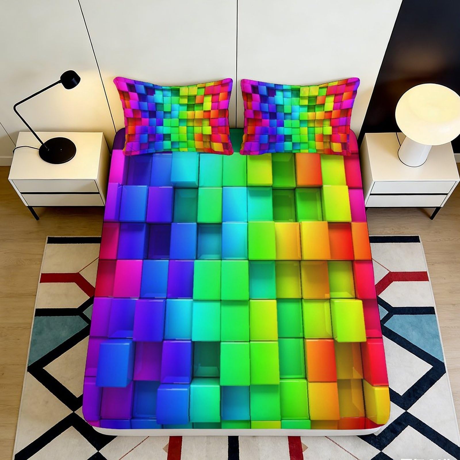 3D Printed Colorful Block Pattern Fitted Sheet Microfiber Soft Vibrant Mosaic Bed Cover for Bedroom Dorm Decor 90x200x25cm
