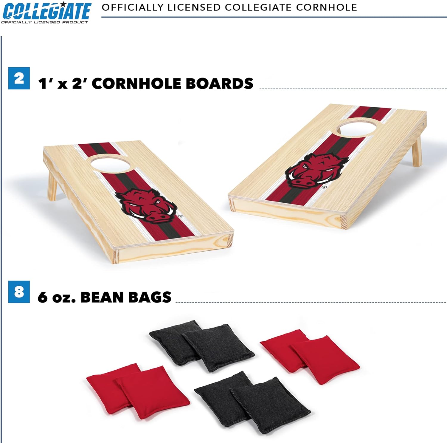 Wild Sports Arkansas Razorbacks 1' x 2' Travel Size Solid Wood Cornhole Set with Direct Print HD Team Graphics – Great Gift for Any Sports Fan! Bean Bag Toss Family Games for Outdoor Play
