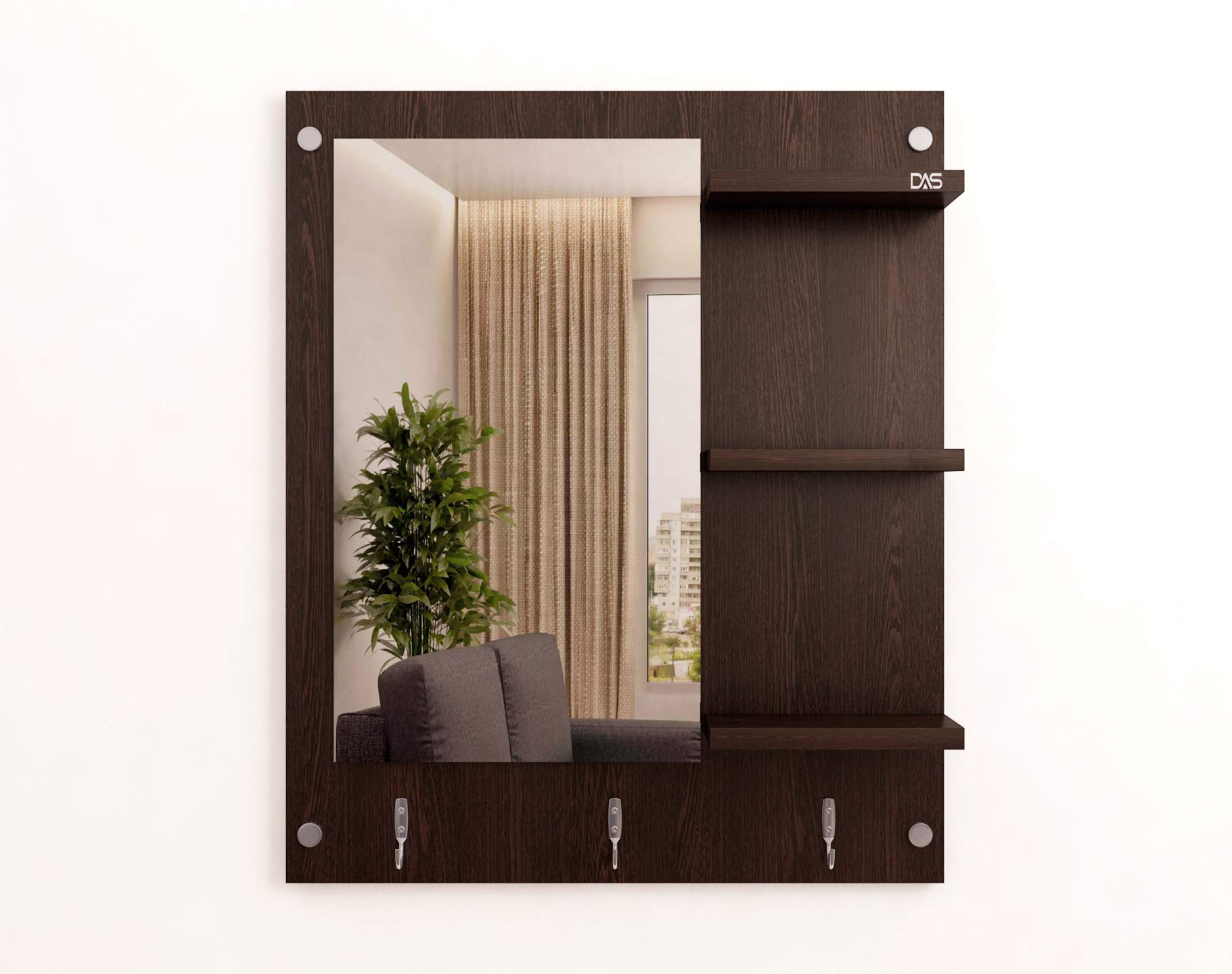 DAS Wall Mount Makeup Vanity Dresser Dressing Mirror/Glass/Table and Multipurpose Rack Shelves with Elegant Double Stainless Steel Hooks (Wenge)- Evelyn 2