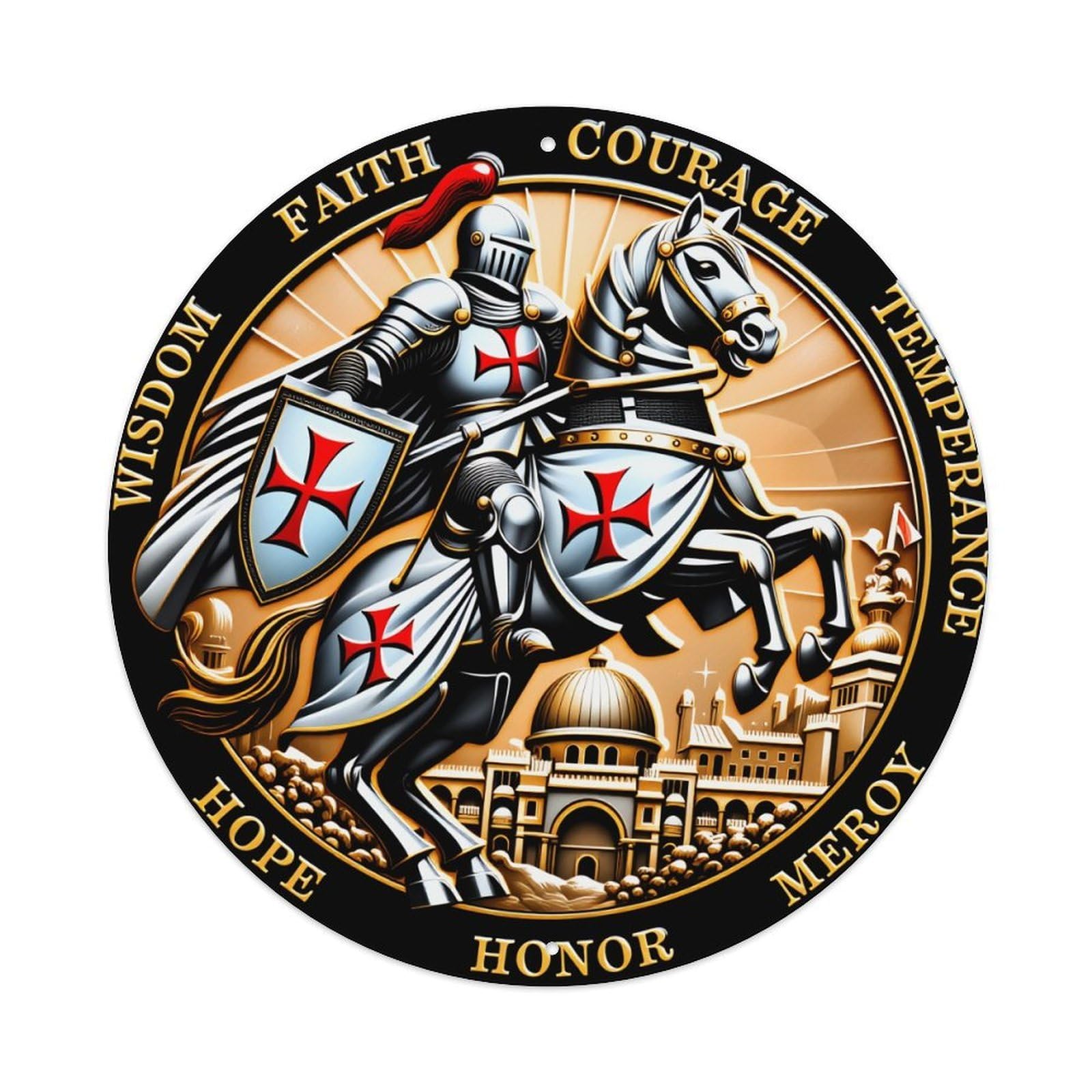 Wmlzdnwr Vintage Knight On Horse With Shield And Sword Round Tin Sign,Retro Wall Art,Metal Poster For Home, Bar, Garage, Cafe, Rustic Indoor & Outdoor Decor, 8X8 Inches