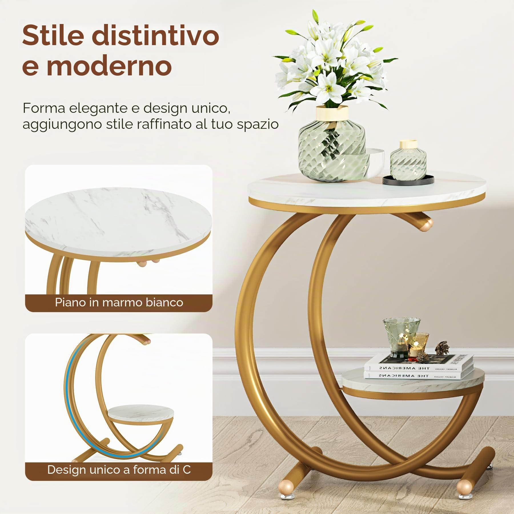 Tribesigns Tavolino in finto marmo, moderno tavolino rotondo a 2 livelli con struttura a forma di C, tavolino da caffè piccolo per soggiorno, camera da letto, piccoli spazi, bianco/oro (1)