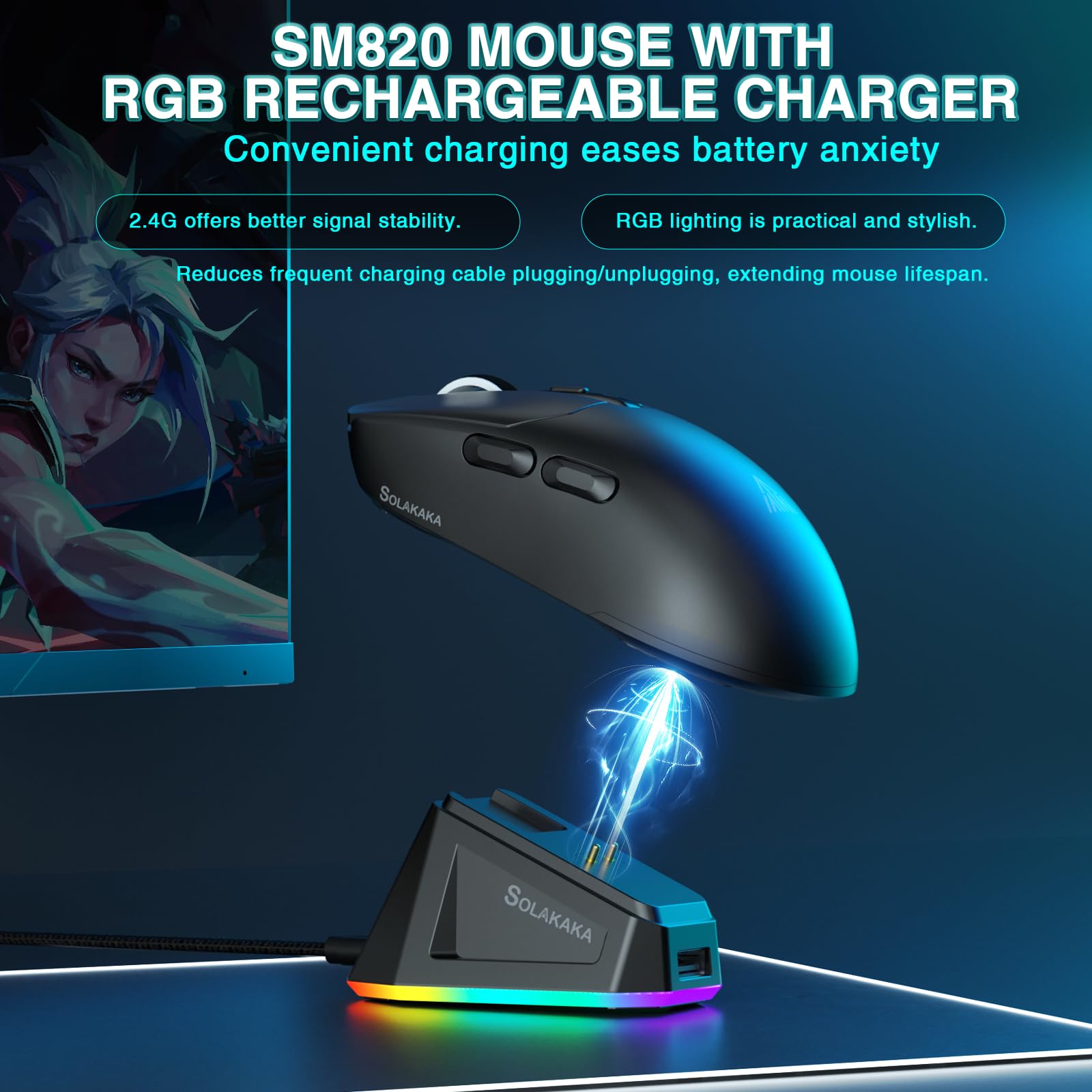 SM820 Wireless Gaming Mouse with RGB Charging Dock,24000 DPI Tri-Modes Wireless Mouse with 2 Side Buttons,Programmable Macro Mouse for Gaming(Black)