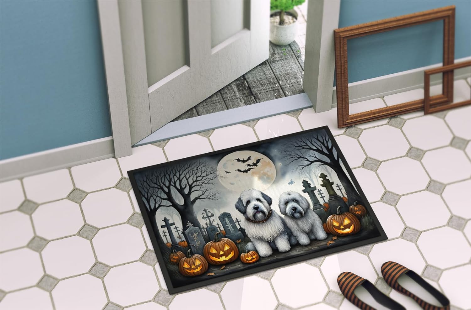 Caroline's Treasures DAC2071JMAT Old English Sheepdog Spooky Halloween Indoor or Outdoor Mat 24x36 Front Door Mat Indoor Outdoor Rugs for Entryway, Non Slip Washable Low Pile, 24H X 36W