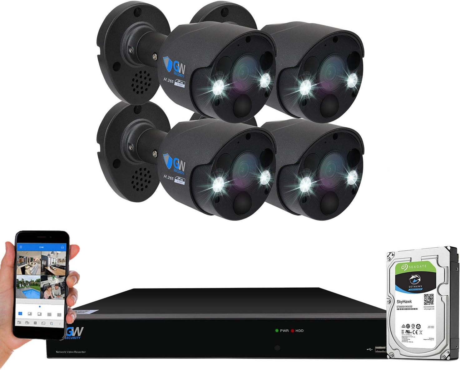 GW Security 2-Way Audio Floodlight 5.0 Megapixel PoE Security Camera System, 8 Channel 4K NVR with 4 x 5MP Full-time Color Night Vision IP Camera, Thermal PIR Heat & Motion Sensing, Two Way Talk