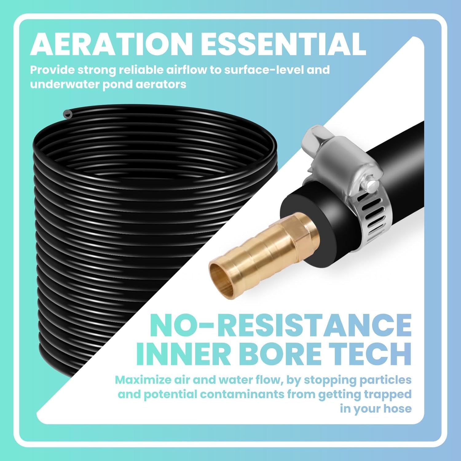 658 FT Self Sinking Aeration Hose with 4 Clamps and 4 Menders, UV Resistant 3/8in Weighted Air Hose for Pond Garden Waterfall Fish Tank Pump Fountain Outdoor Hydroponic System