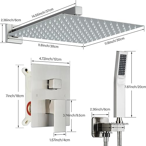 Miniatura 8 de Juego de grifo de ducha de níquel cepillado con cabezal de ducha de lluvia de 12 pulgadas y rociador de mano montado en la pared con válvula