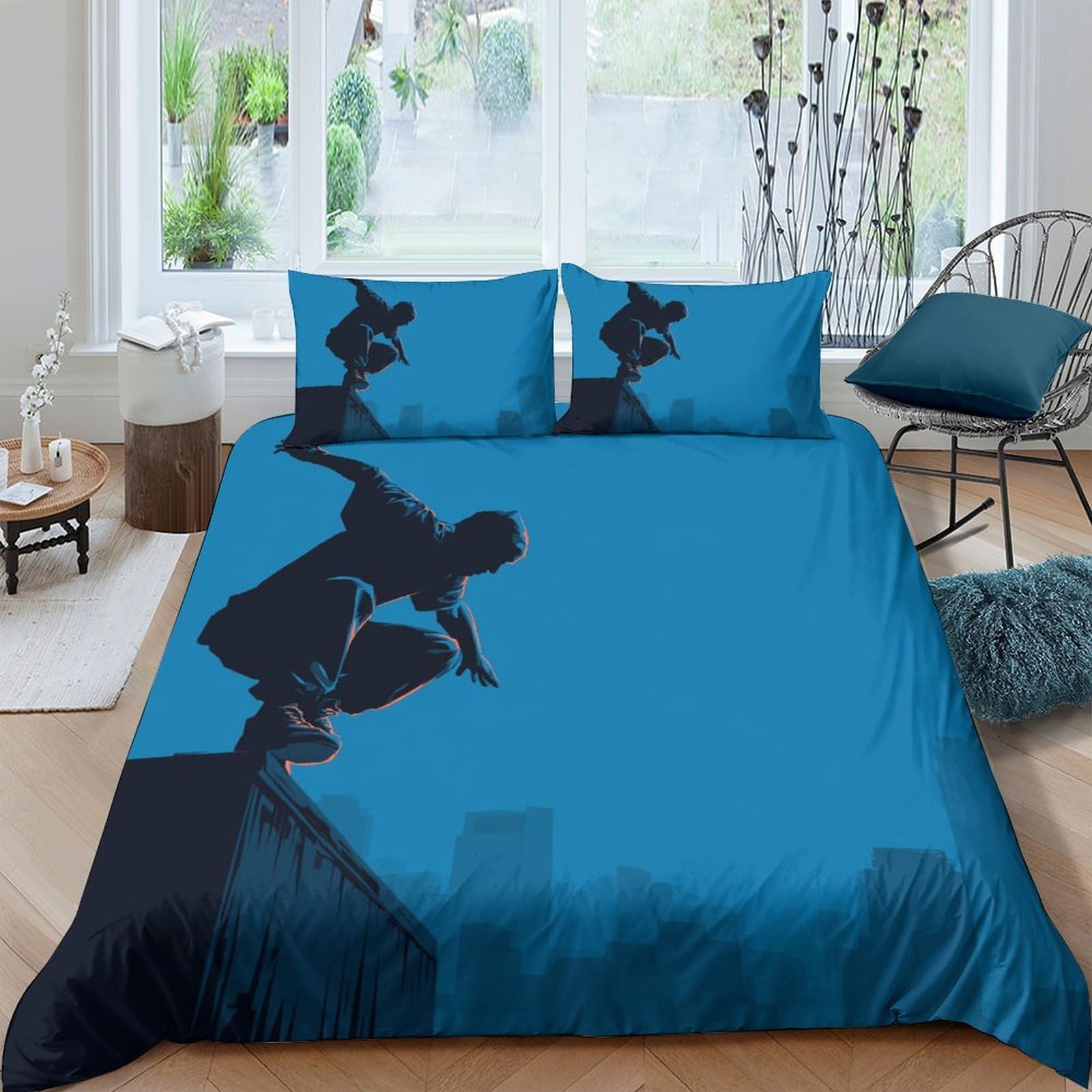 Ctjqhvkz Style-1 3D Printed Urban Silhouette Fitted Sheet Microfiber Soft Blue Shadow Mattress Cover For Bedroom Guest Room Decor Single（135X200cm）
