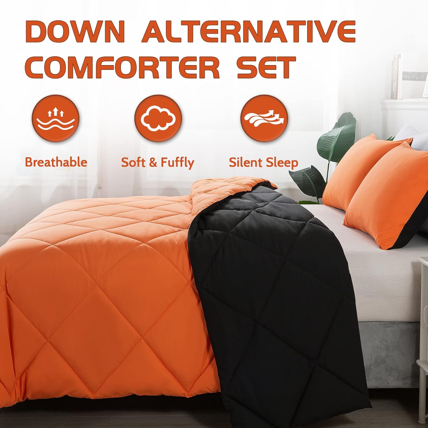Decroom Lightweight Queen Comforter Set with 2 Pillow Sham - 3 Pieces Set - Quilted Down Alternative Comforter/Duvet Insert for All Season - Orange/Black - Queen Size - Image 2