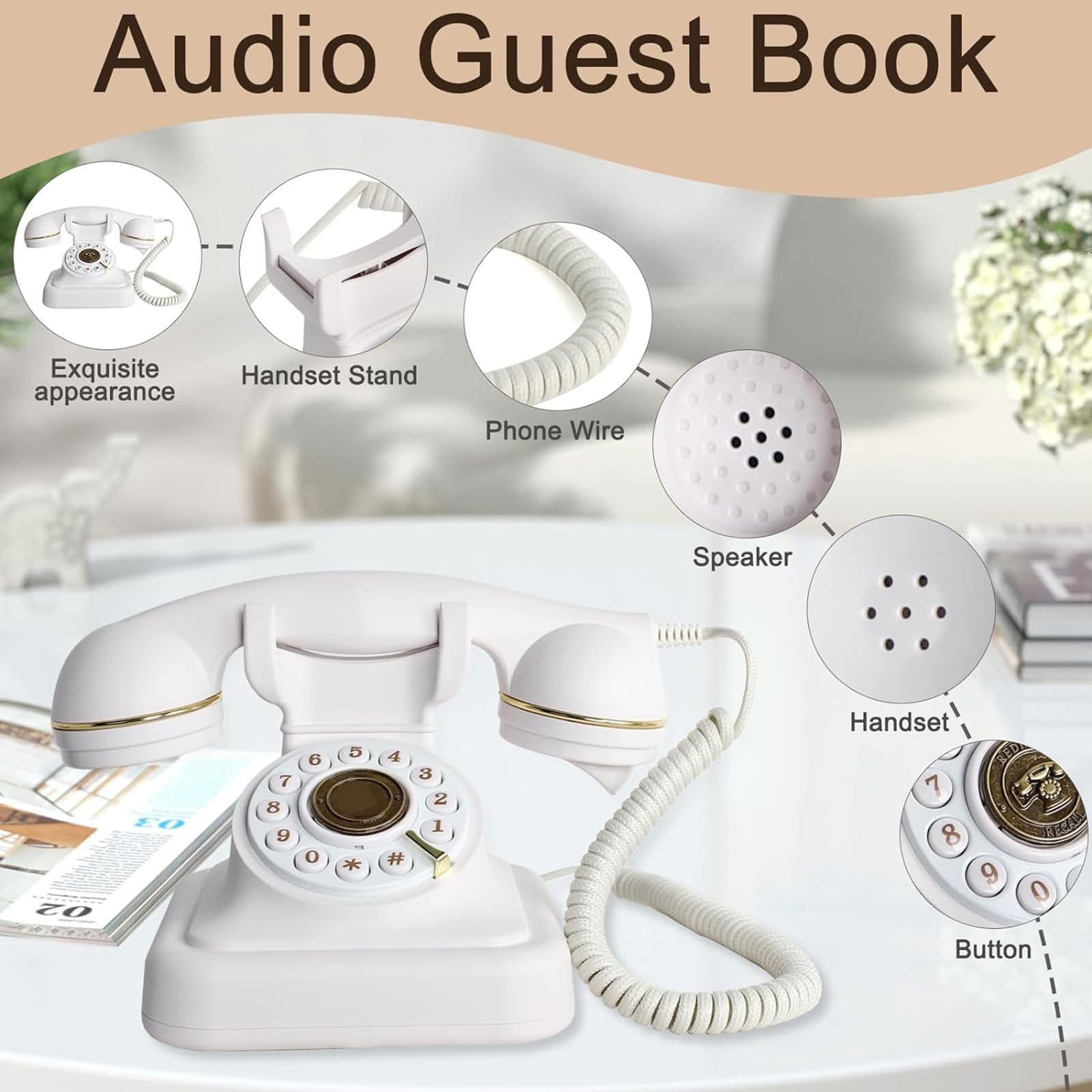 Księga gości audio do telefonu ślubnego, spersonalizowana księga gości weselne audio, księga gości klasyczne wiadomości audio w stylu retro na imprezy, urodziny, wypożyczalnie