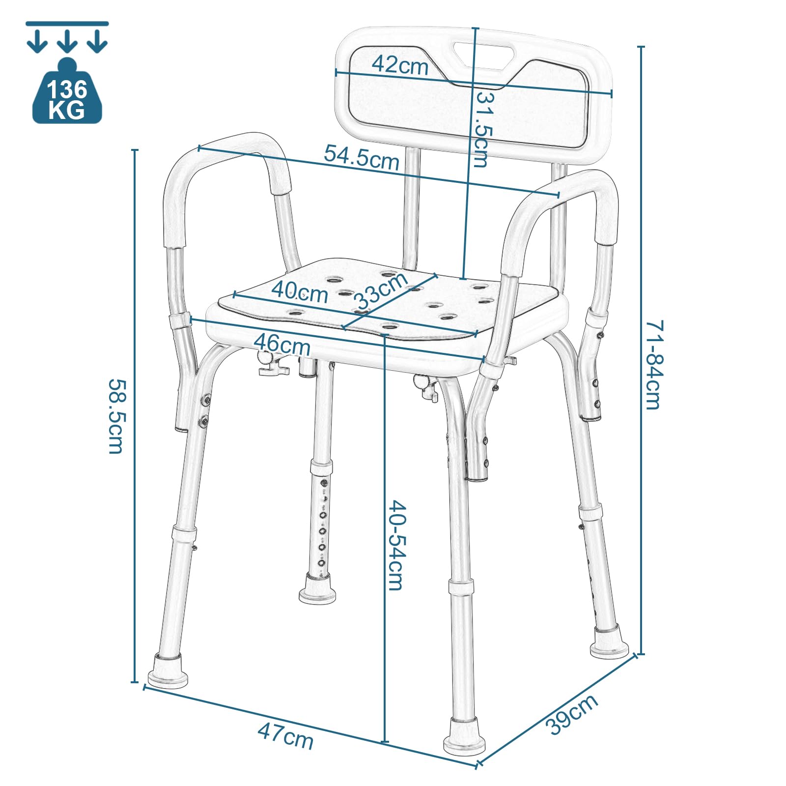 EUGAD Sgabello da Bagno Regolabile, Sgabello con Braccioli e Schienale, Sedia da Doccia per Anziani, Disabili, Sedile in PE, Gambe in Alluminio, Blu+Bianco