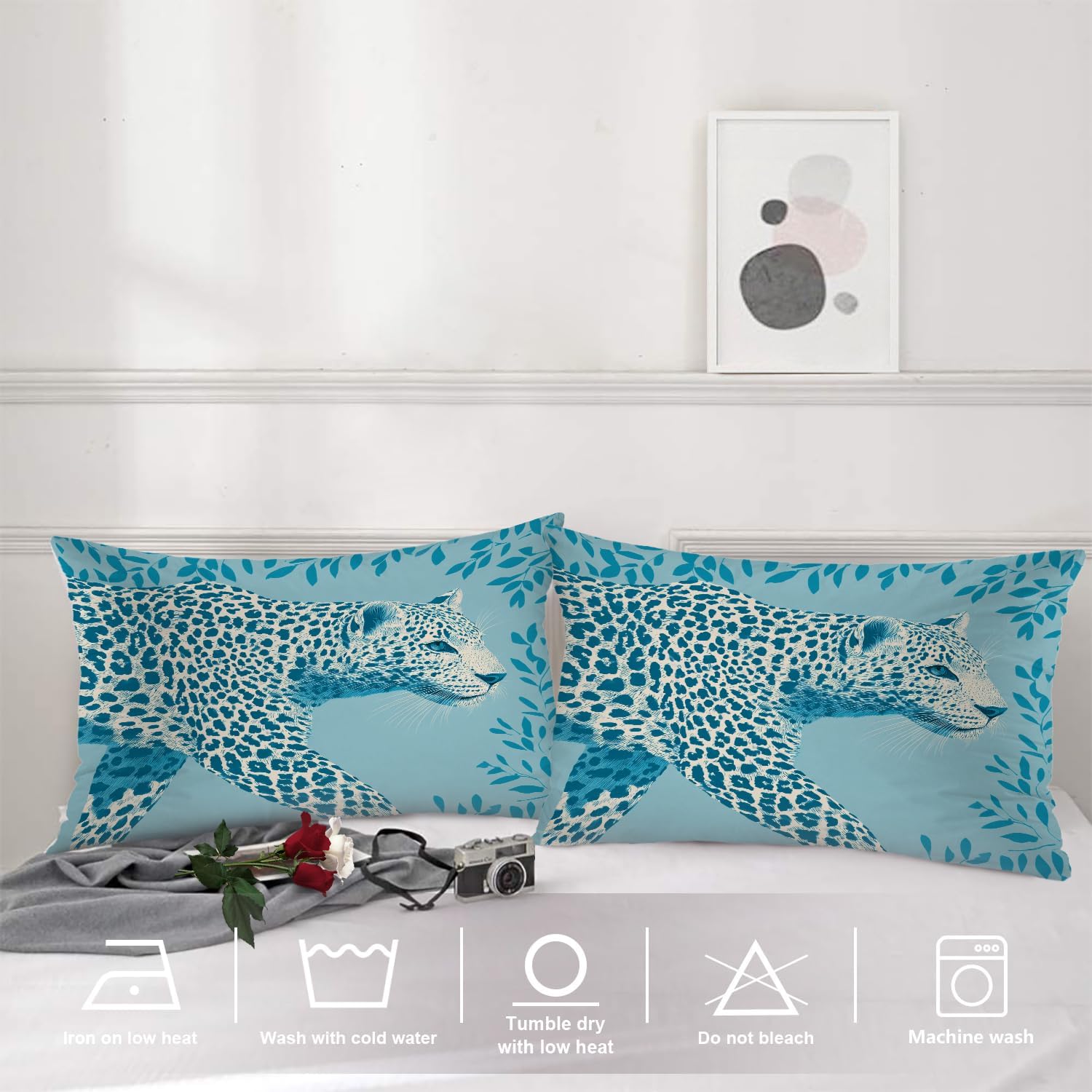 Shrahala Leopard Blue Pillowcases, Blue Spotted Leopard Leafy Background Lumbar Pillow Cover Decorative Blended Double-Sided No Inserts for Bedroom Sofa Living Room Set of 2 (26 x 20 in)