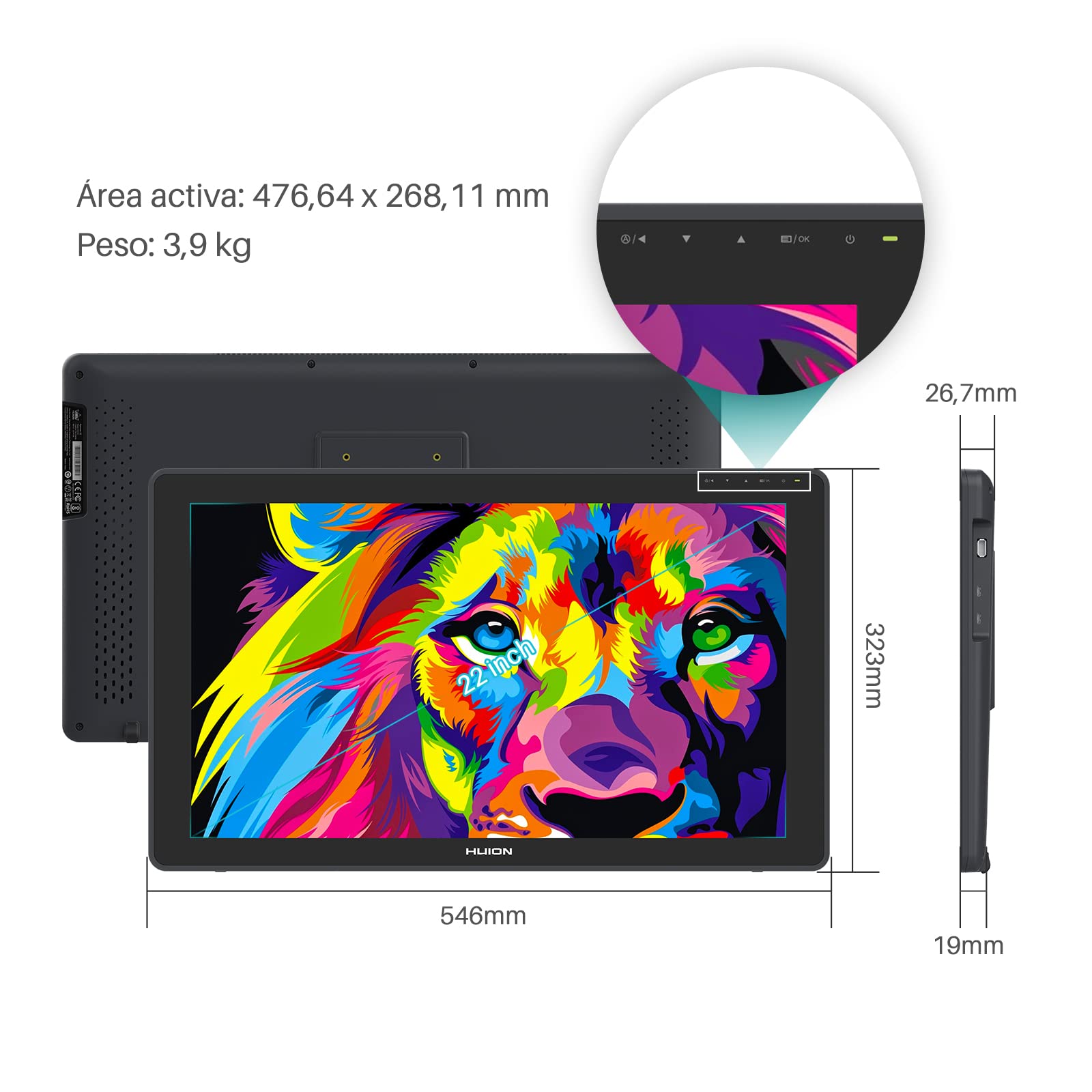 HUION Kamvas 22 Plus Tableta Gráfica con Pantalla, 140% sRGB, Vidrio Antirreflejo, Pantalla LCD QD Completamente Laminada, Lápiz PW517 con Inclinación, Ideal para Trabajar Desde Casa, 21.5 Pulgadas