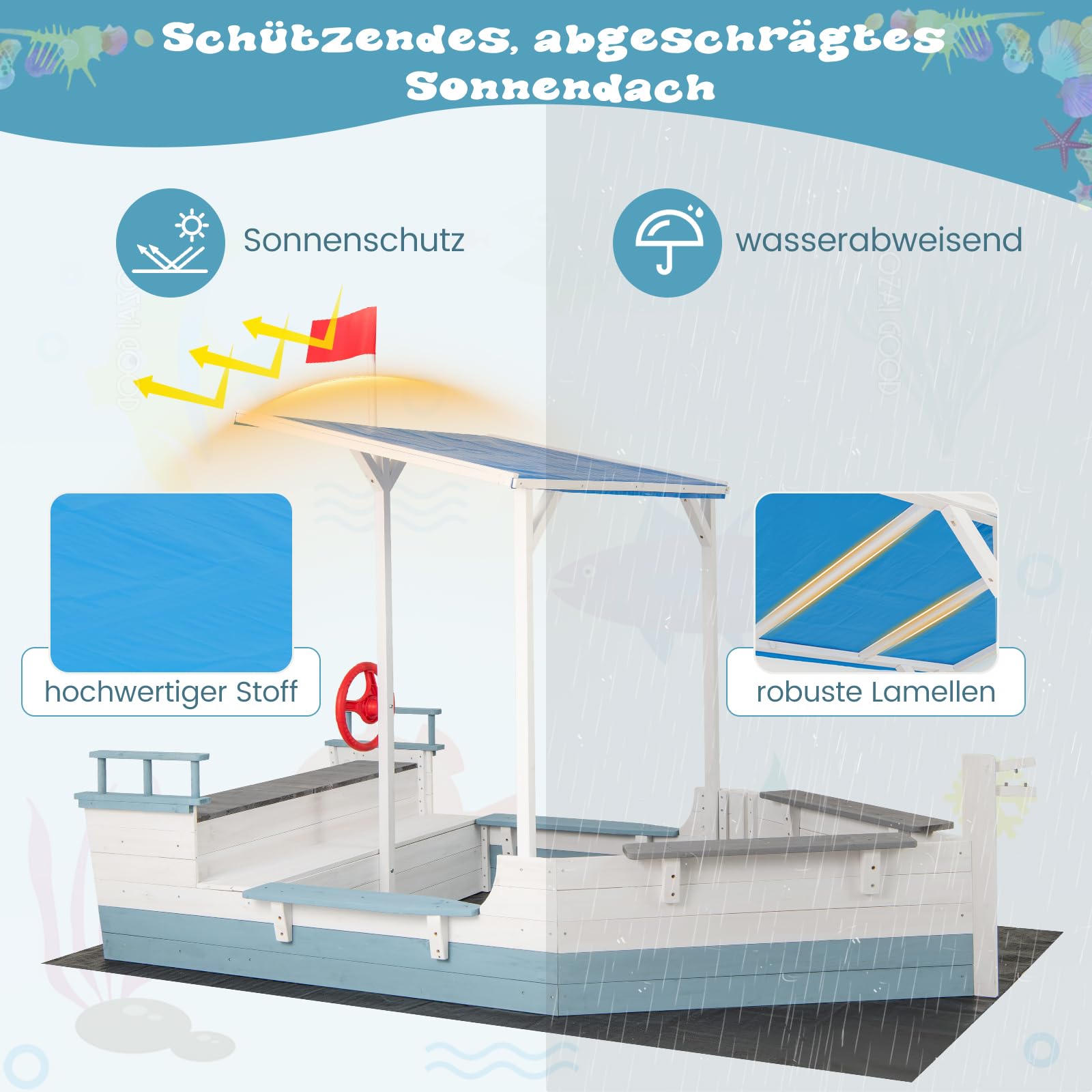 GOPLUS Sandkasten mit Abdeckung, Sandkasten Holz Schiffsförmig mit schrägem Dach, Einlage, Mehreren Sitzen und großem Stauraum, Sandbox Outdoor für Garten, Sandkiste für Kinder ab 3 Jahre