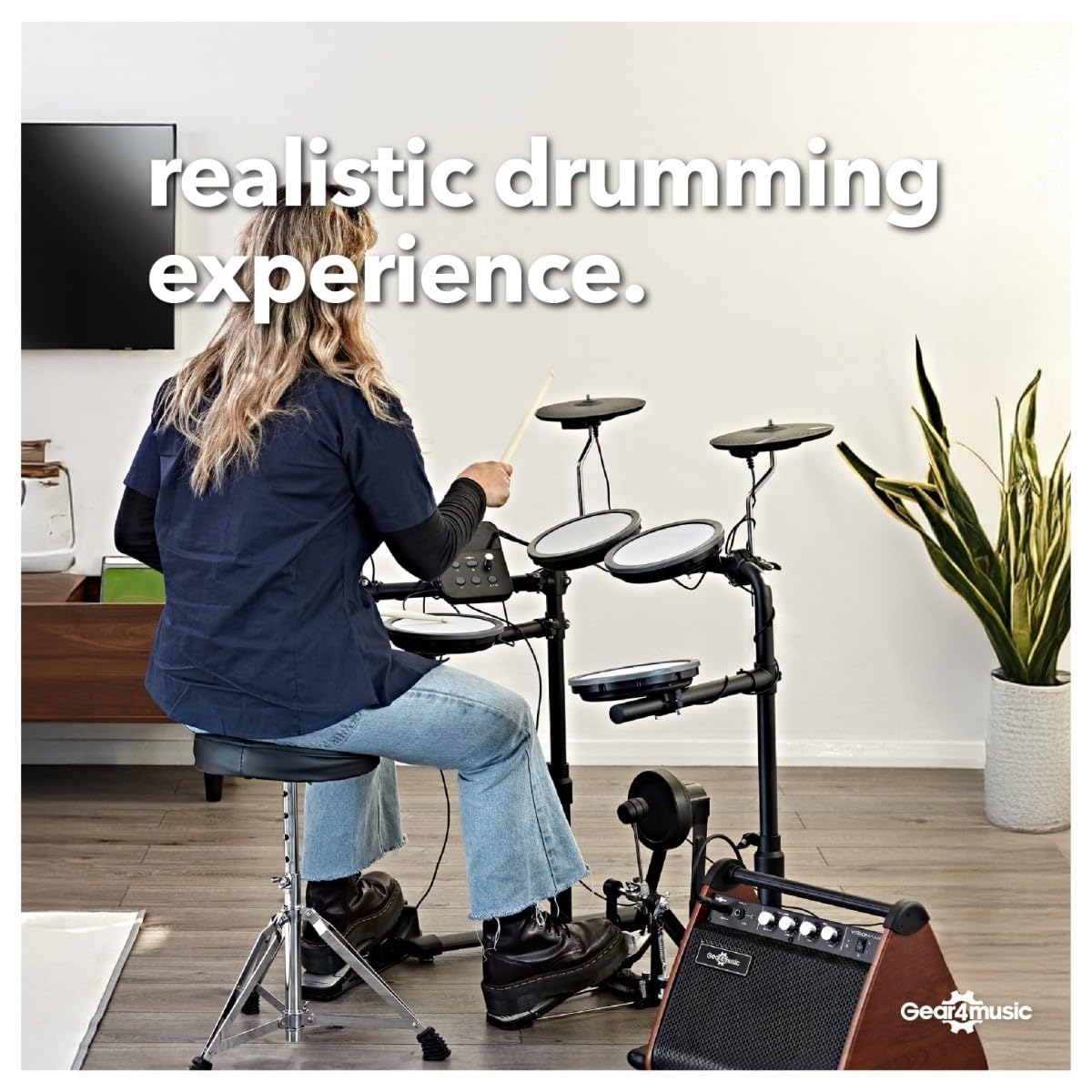 VISIONDRUM+ Batería Electrónica 8 Pads en Malla, Hi-Hat, Kick y Ampli | Kit de Batería Eléctrica Adultos y Niños, Altura Regulable, Diseño Plegable, Ampli, Auriculares, Taburete y Baquetas
