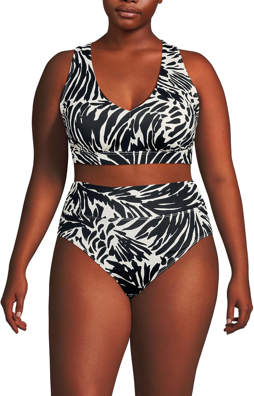 Lands' End Women's Chlorine Resistant V-Neck Midkini Swimsuit Top and High Leg High Waisted Bottoms 2 Piece Set