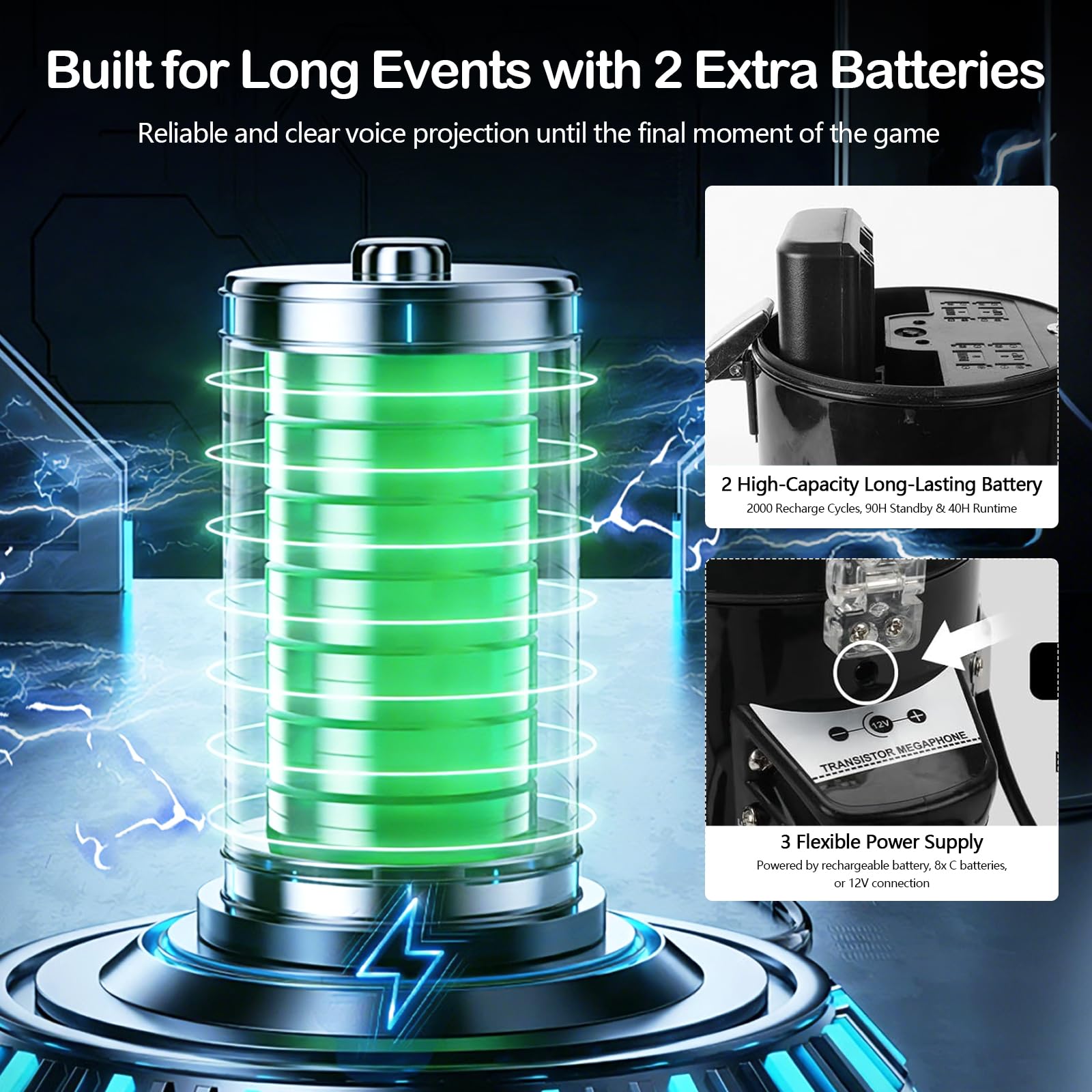 Megáfono 100W Bluetooth con Grabación, Triple Alimentación, 2 Baterías, Alcance 2000m, Sirena, Micrófono Externo, USB, Correa