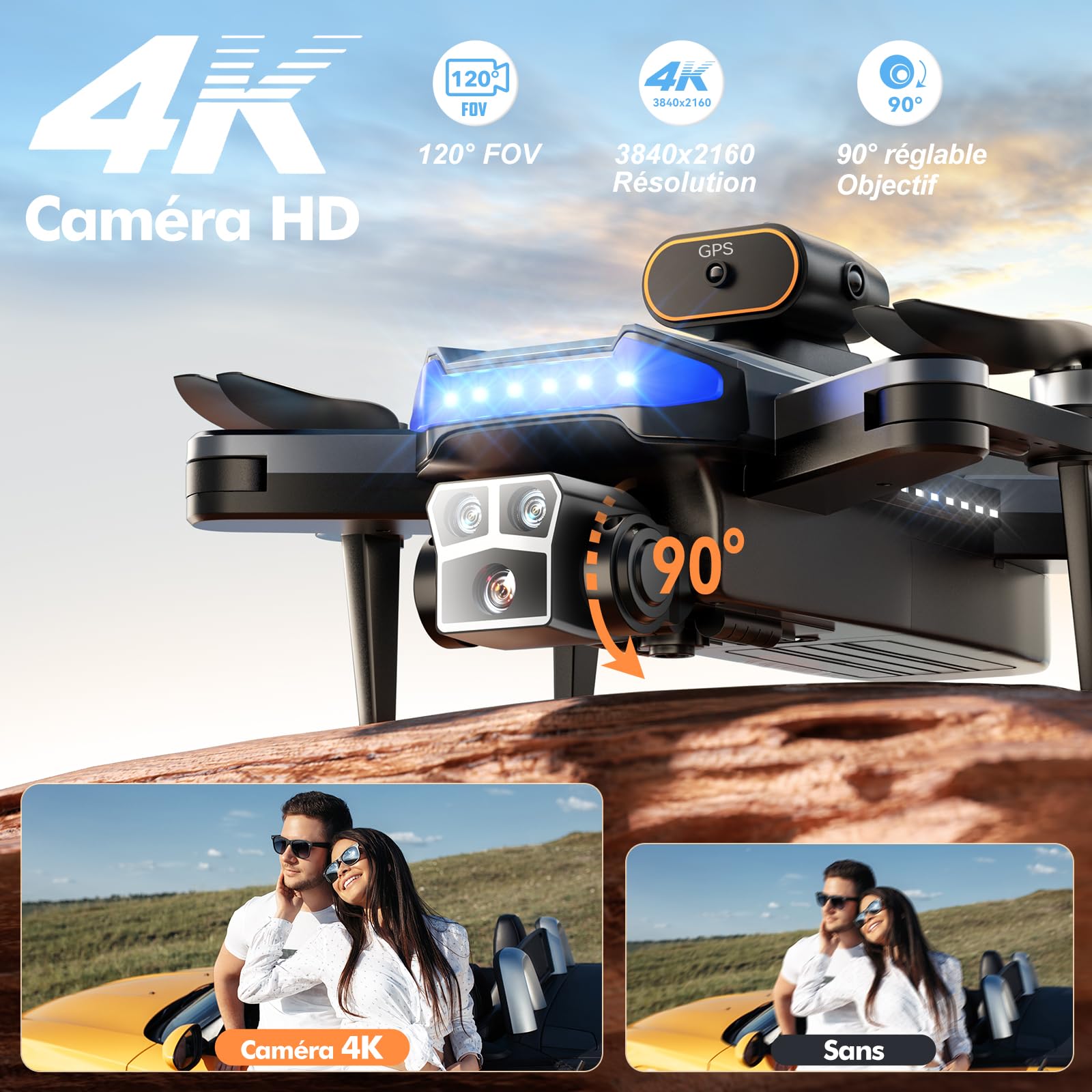 Drone avec Camera 4K Professionnel pour Adultes, GPS Drone pour Adultes, 54 Min de Vol, Résistant au Vent, Moteur Brushless, Suivi Auto, Retour Auto, Wi-Fi 5G, Léger<249g avec 3 Batteries(Noir)（Moyen）