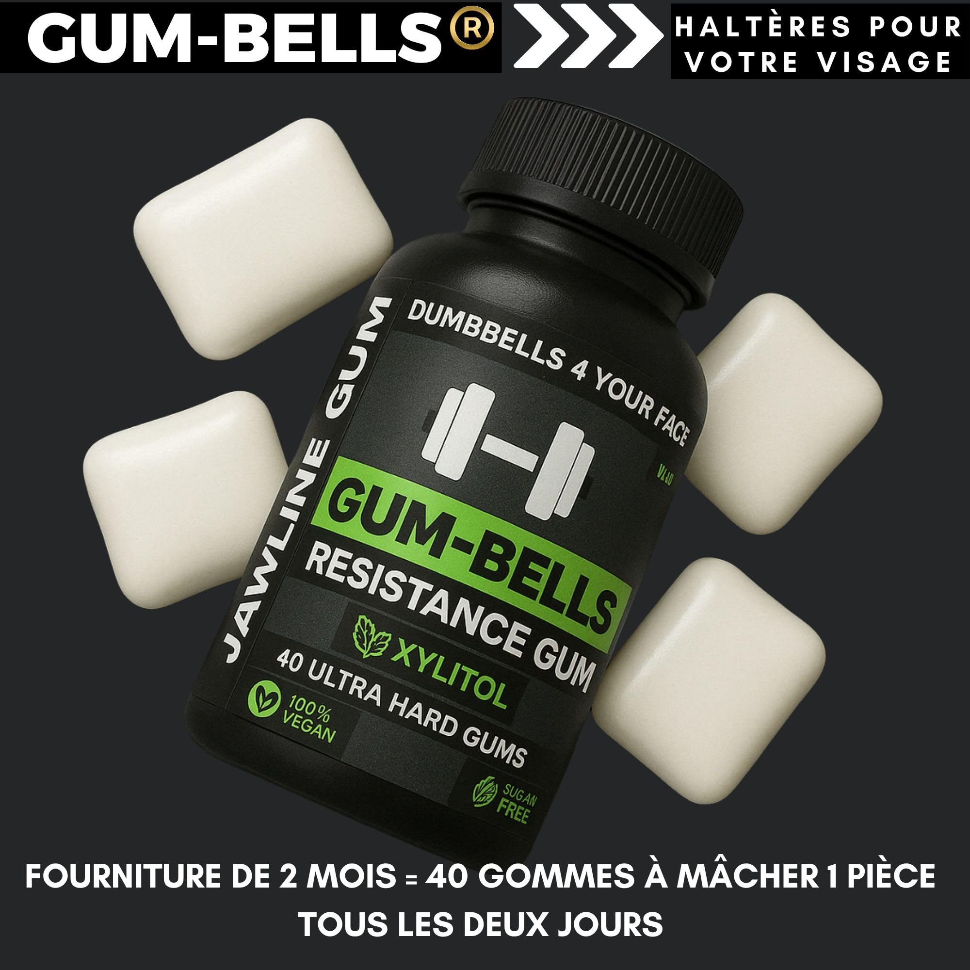 GUMBELLS® Xylitol Jawline Gum – Gomme dure ultra résistante pour mâchoire, menthe, sans sucre, Lot