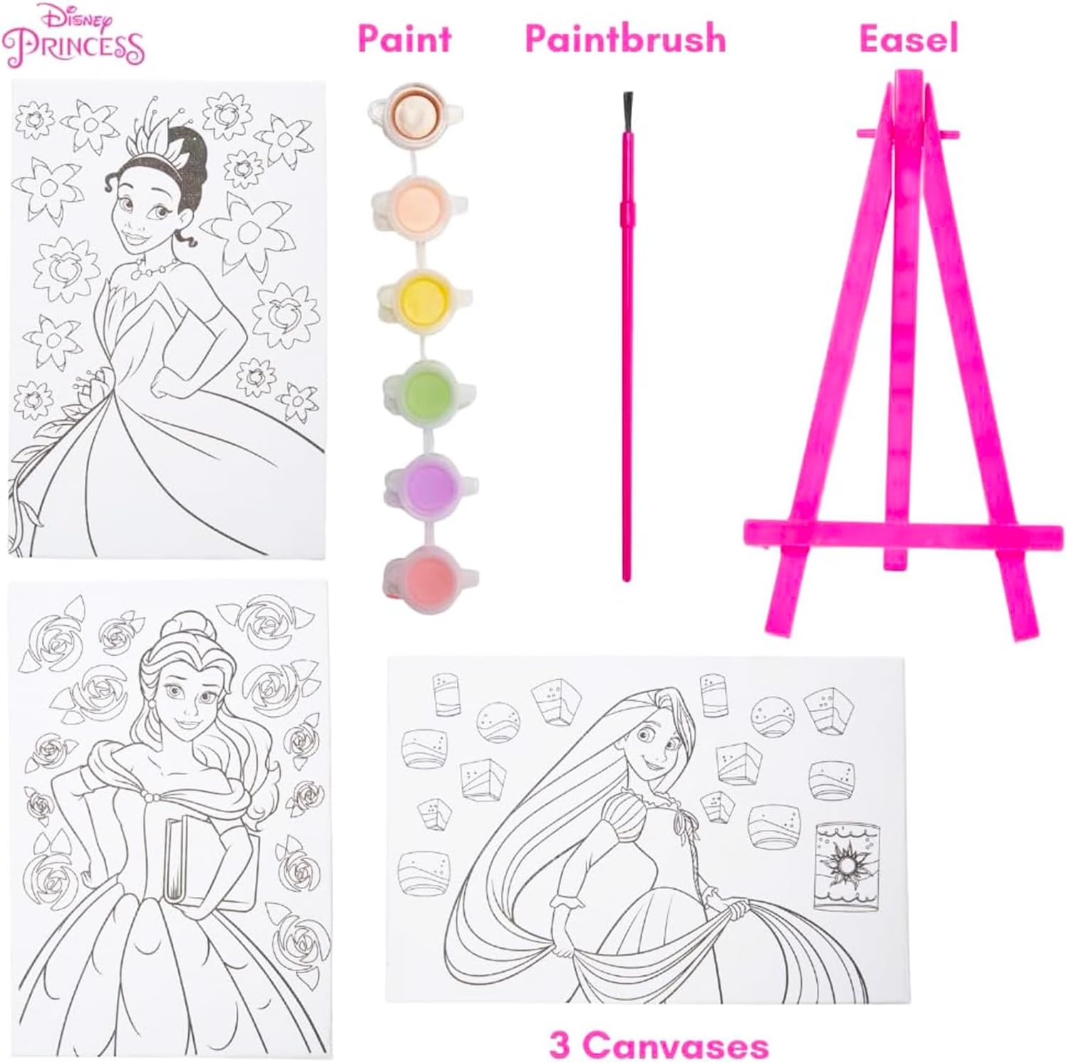Disney Princess Painting Set for Girls - Art Supplies Bundle with 3 Canvases, Easel, Paint Plus More | Disney Princess Arts and Crafts Gifts for Kids