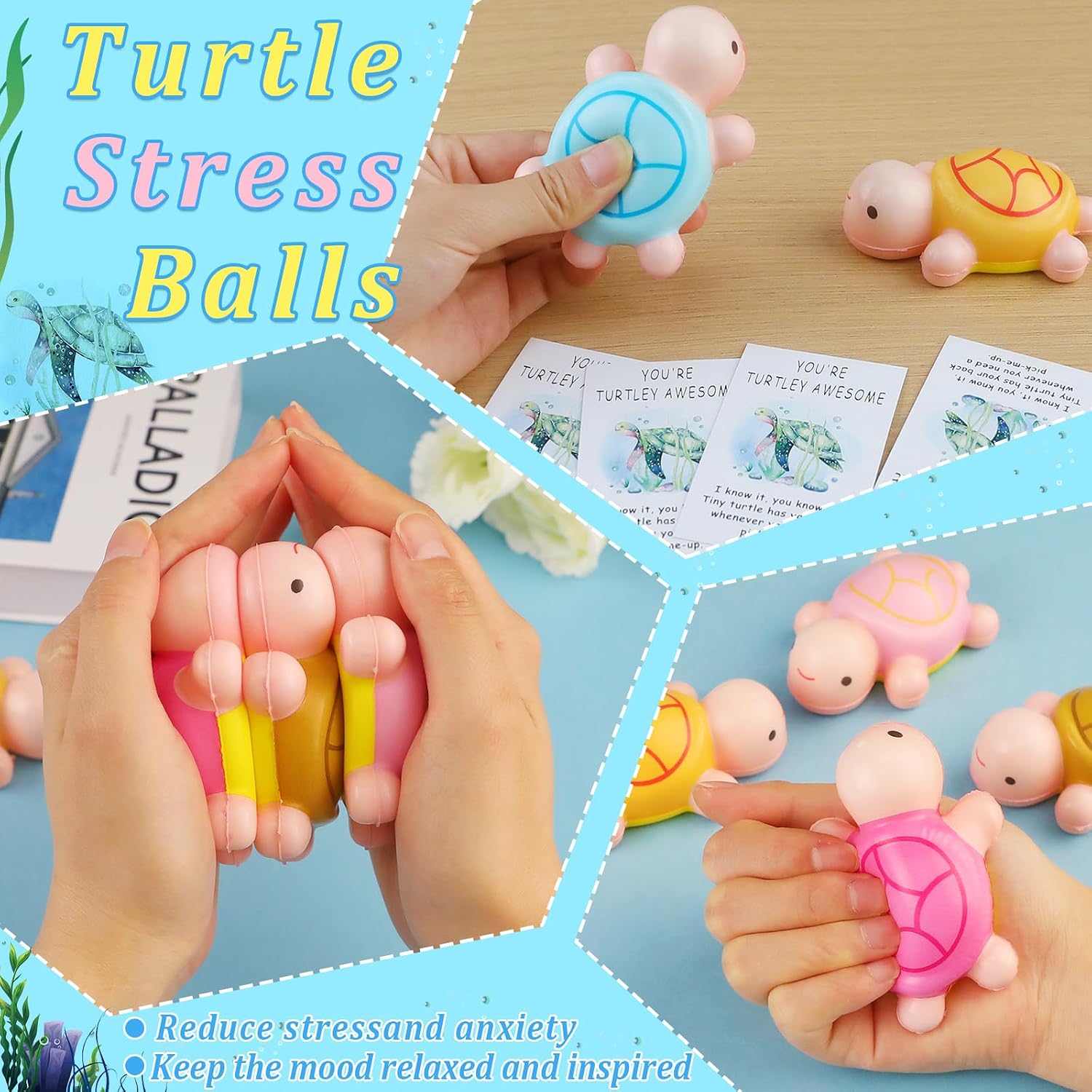 30 Sets Turtle Squeeze Toy Sensory Turtle Stress Ball Including Cute Mini Turtles Motivational Cards Organza Bags Positive Appreciation Gifts for Teacher Funny Graduation End of Year Gifts for Student