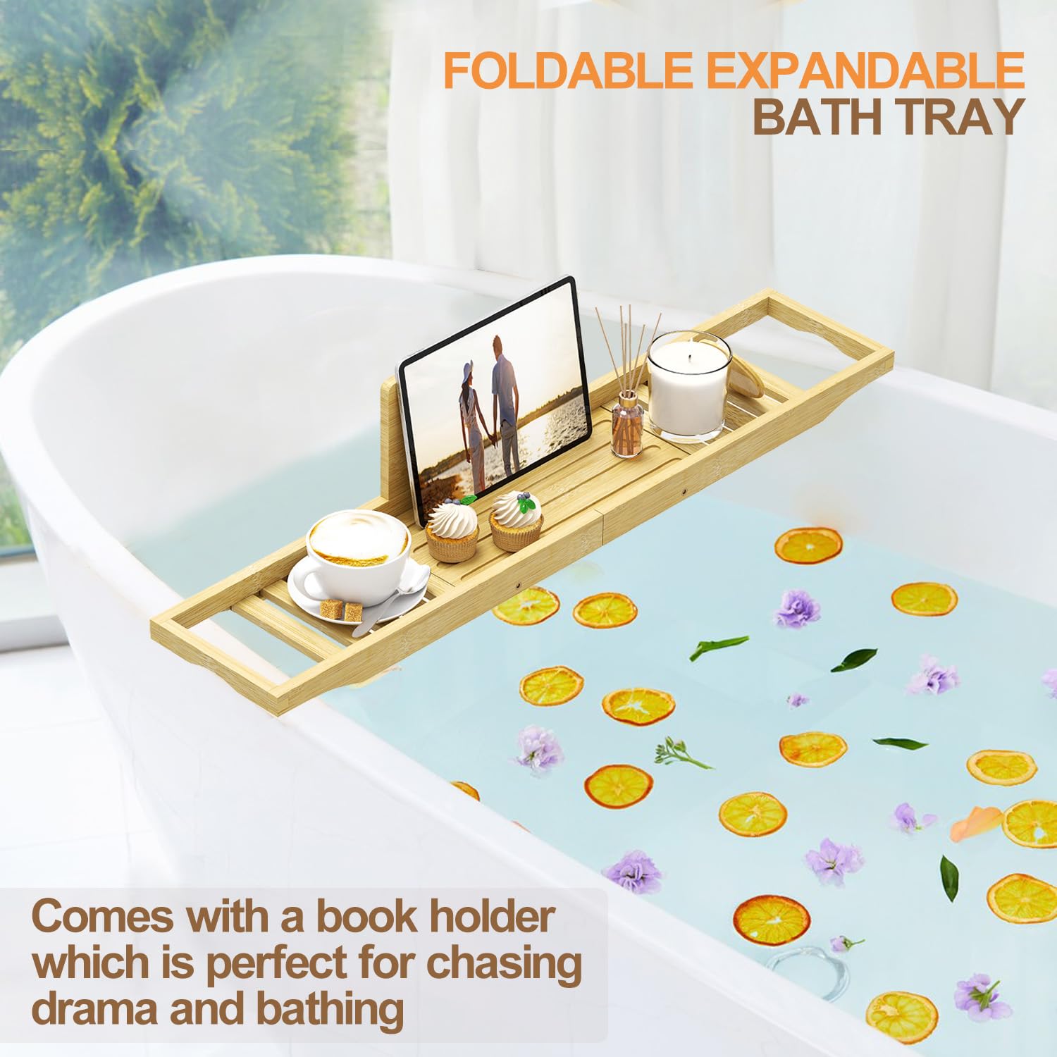 Bathtub Tray Caddy - Bamboo Bath Table -5