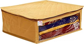 atorakushon Fabric Satin Foldable Saree Covers Cloth Garments Storage Bag Wardrobe Organizers with Strong Zippers & Transparent Window Pack of 1 Gold