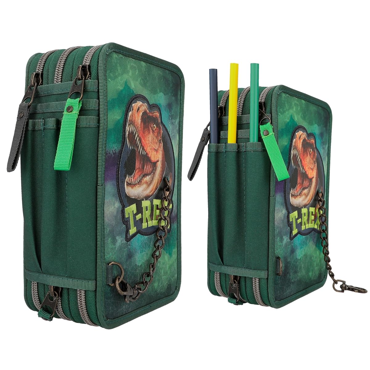 Depesche 12506 Dino World Filled 3-Compartment Pencil Case in Dinosaur Design with Chain, Pencil Case with Colouring Pencils - Image 2
