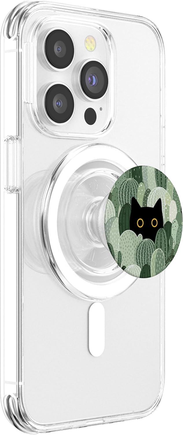 Black Cat Hiding in Garden Plants Cute Cactus Pattern PopSockets PopGrip for MagSafe