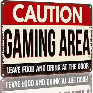 CAUTION GAMING AREA LEAVE FOOD AND DRINK AT THE DOOR Wall Sign 8X12 Inch | Vintage Text Aluminum Sign, Game Room & Bedroom & Living Room Metal Decor, Gift for Gaming Lovers