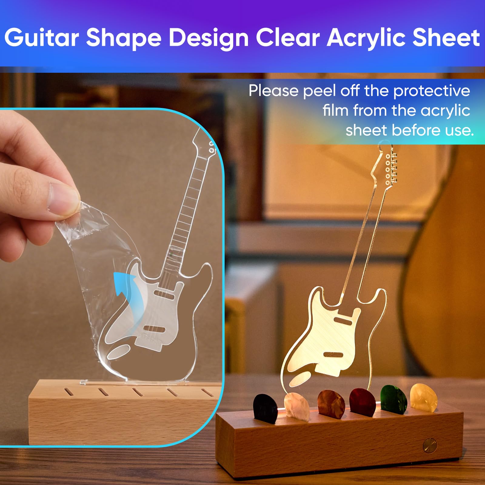 Soporte para púas de guitarra iluminado: vitrina recargable con contorno táctil ligero – Caja de almacenamiento para púas de guitarra con 6 púas de guitarra, accesorios de guitarra para bajo ukelele