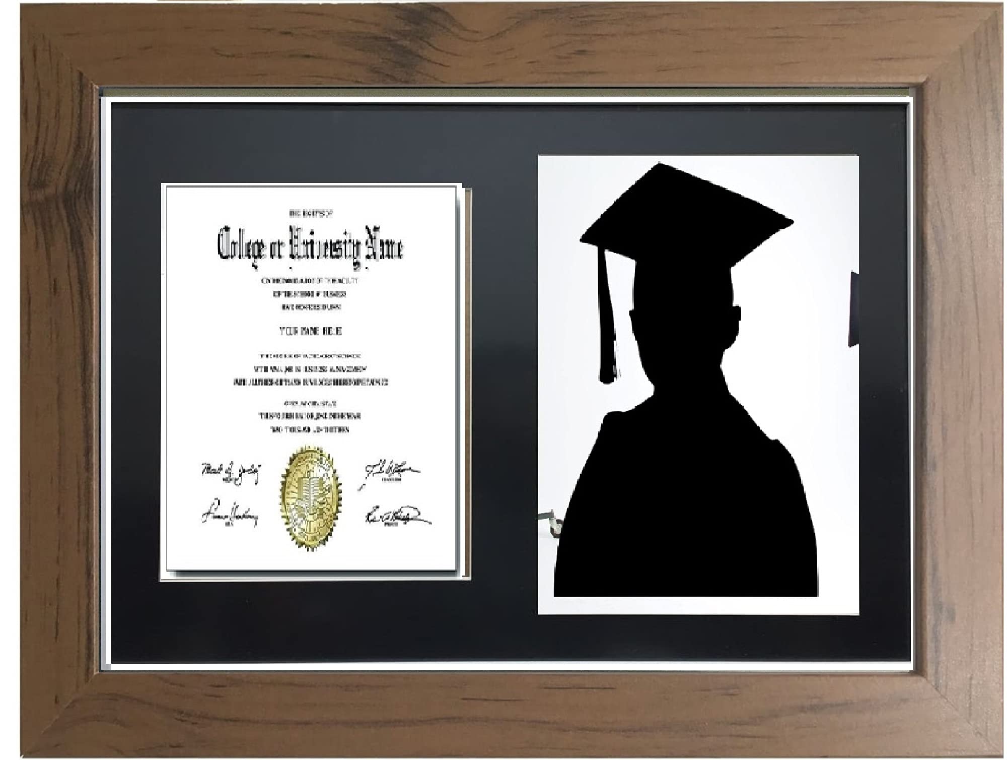 Graduation Black Mount Double Photo Frame for 1 A4 Certificate and 8X10'' Photograph (Walnut)