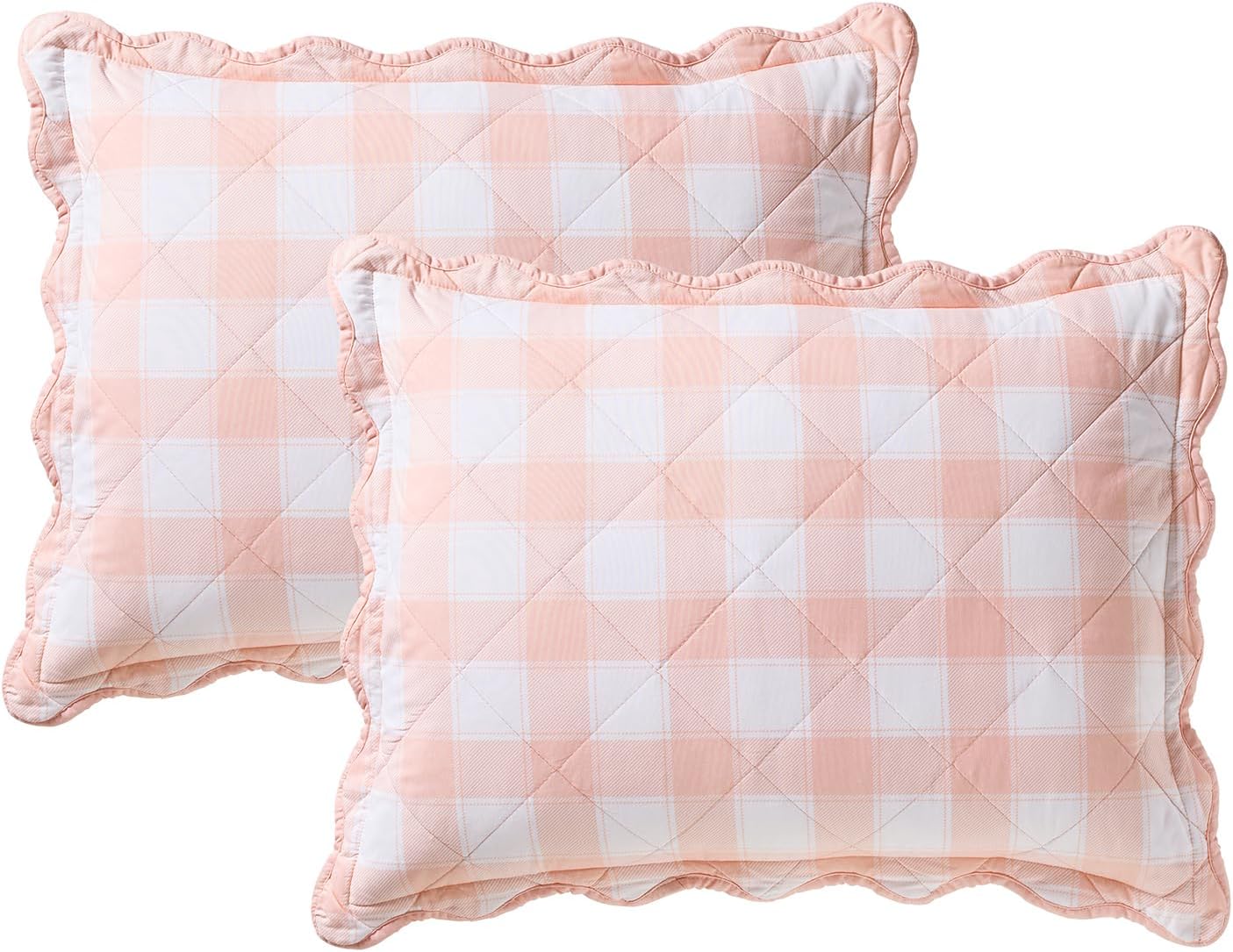 Hallmark Pink Quilt for Queen Bed, 3-Piece Gingham Scalloped Bedspread Coverlet and Shams (Checkered Bliss, Full/Queen)