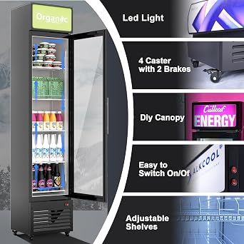 Commercial Beverage Refrigerator Display Fridge,6 Cu Ft Tall Slim Glass Door Merchandiser Skinny Drink Cooler with LED Light Adjustable Shelves,ETL Approval,15.4 Wide